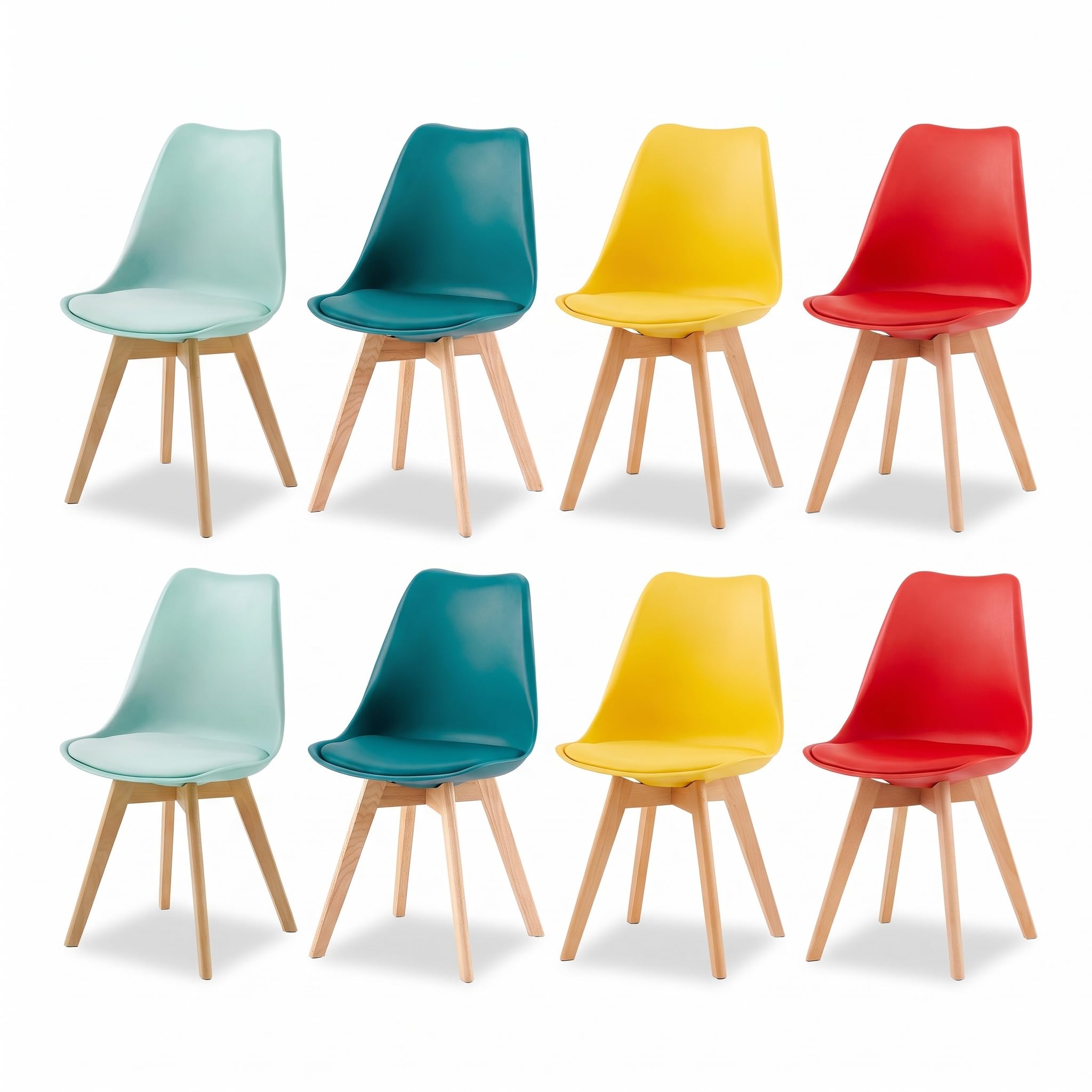 EGGREE Set of 8 Dining Chairs with Ergonomic Plastic Backrest & Beech Wood Legs with Anti-Slip Felt Pads, 120KG Capacity Multicolour Retro Kitchen Chairs (Turquoise, Mint Green, Red, Yellow)