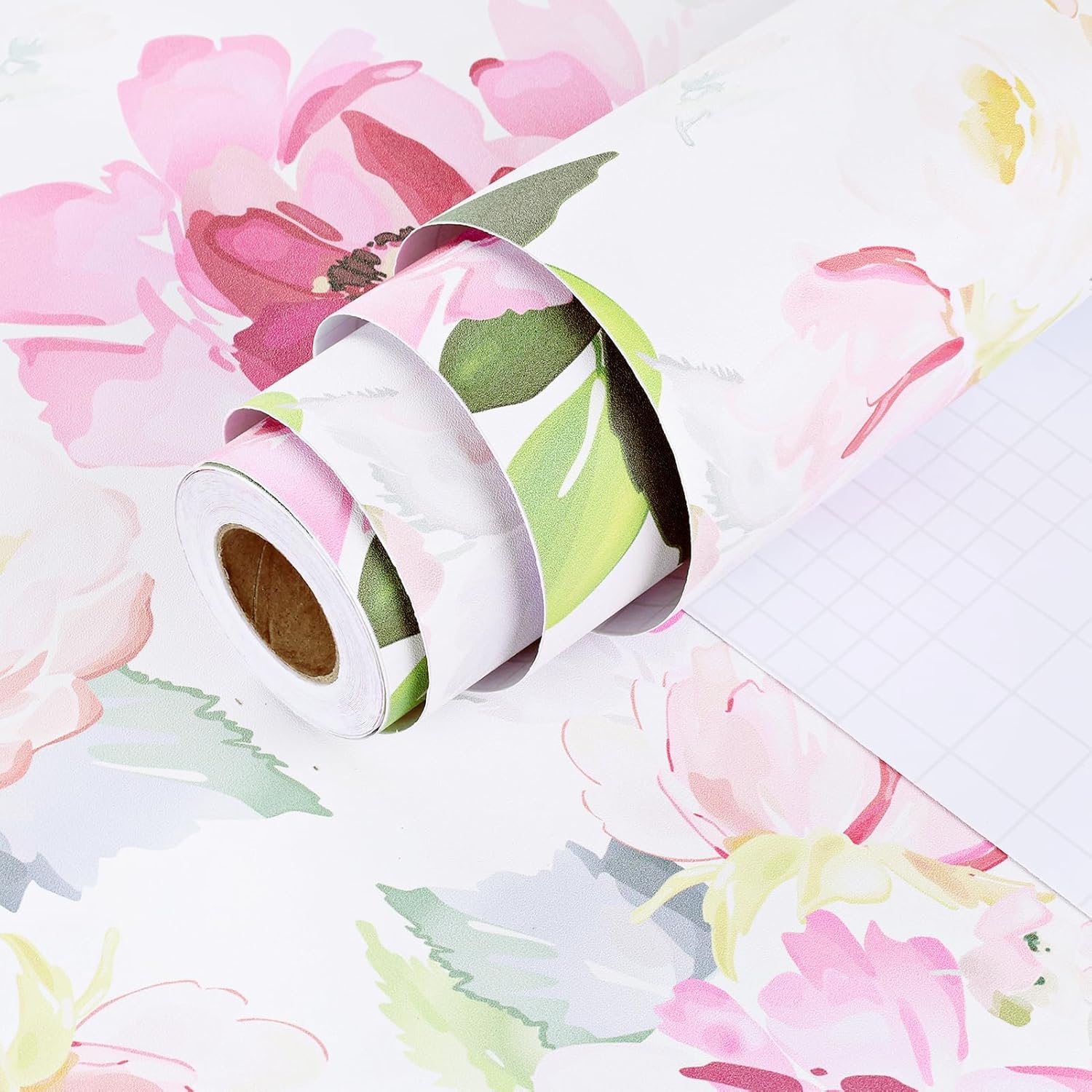 17.5"x102" Watercolor Pink Floral Peel and Stick Wallpaper Peony Wallpaper Prepasted Self Adhesive Mural Removable Wall Paper Floral Contact Paper for Walls Cabinets Shelf Furniture