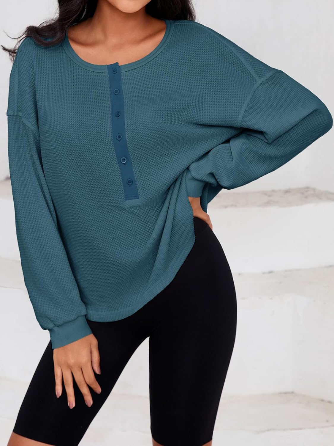 Fisoew Womens Cropped Sweatshirt Casual Waffle Knit Button V Neck Long Sleeve Loose Fit Fall Crop Tops - Image 3