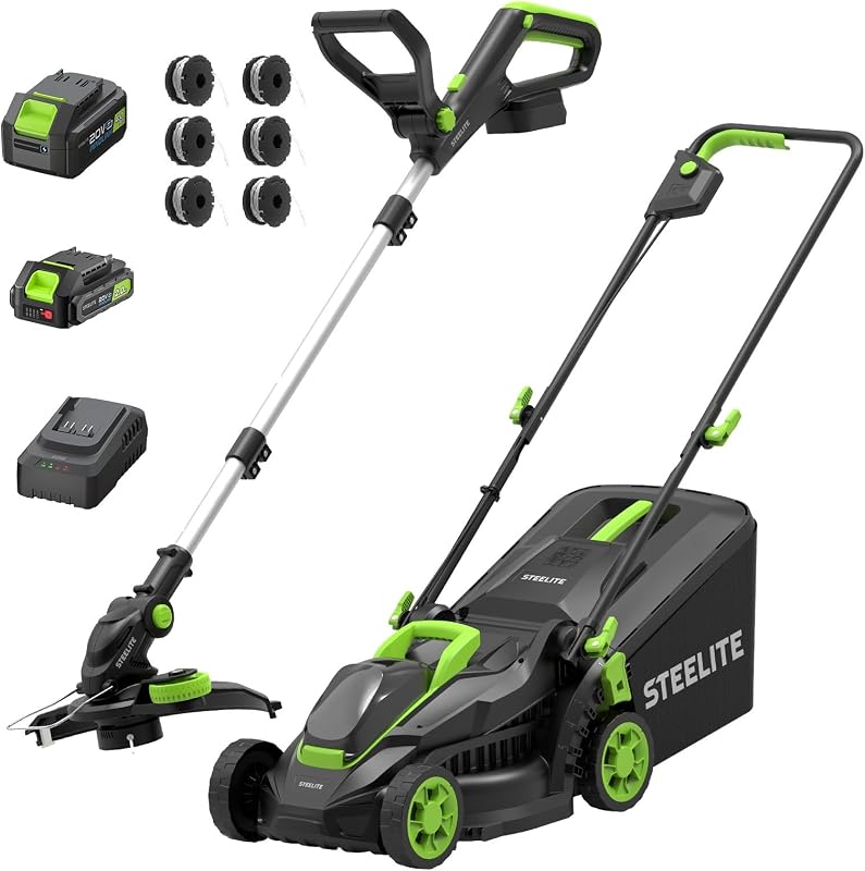 STEELITE Combo de cortadora de césped y recortadora eléctrica, cortadora de césped inalámbrico con batería de 20 V, cortadora de césped sin escobillas de 13 pulgadas con baterías de 4,0 Ah y 2,0 Ah, cortadora de hilo de 12 pulgadas para patios pequeños