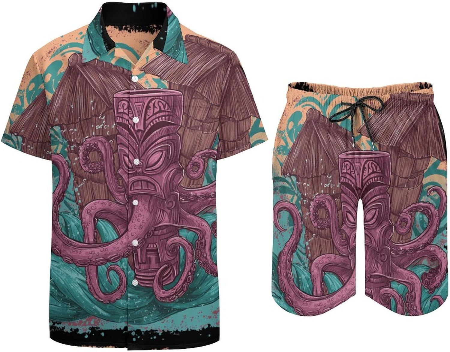 Hawaii Tiki Octopuss Men's Summer Beach 2 Piece Outfits | hawaiian button down shirt and shorts,vacation cruise,mens bathing suit