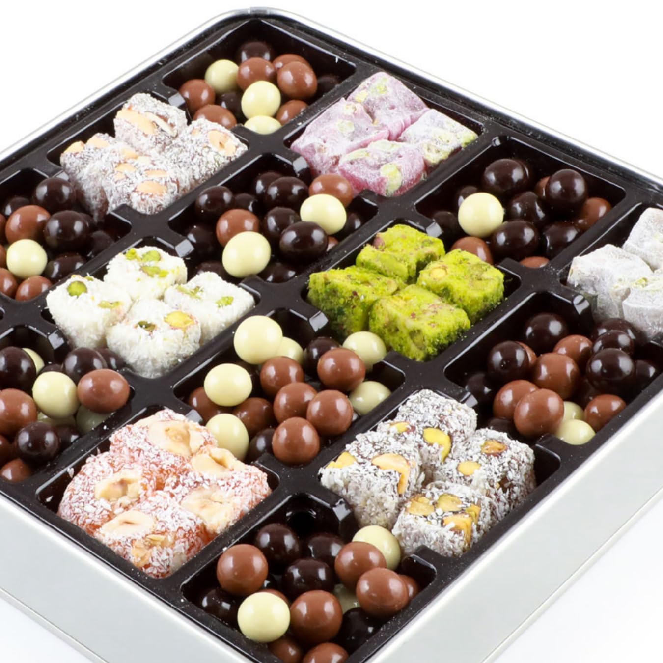 Coffee Dragee & Double Roasted Turkish Delight - Metal Gift Box - Pistachio, Almond, Hazelnut and Coffee Bean Chocolate, Eid and Gift Sweets - 0.95 lb x 3 Packet