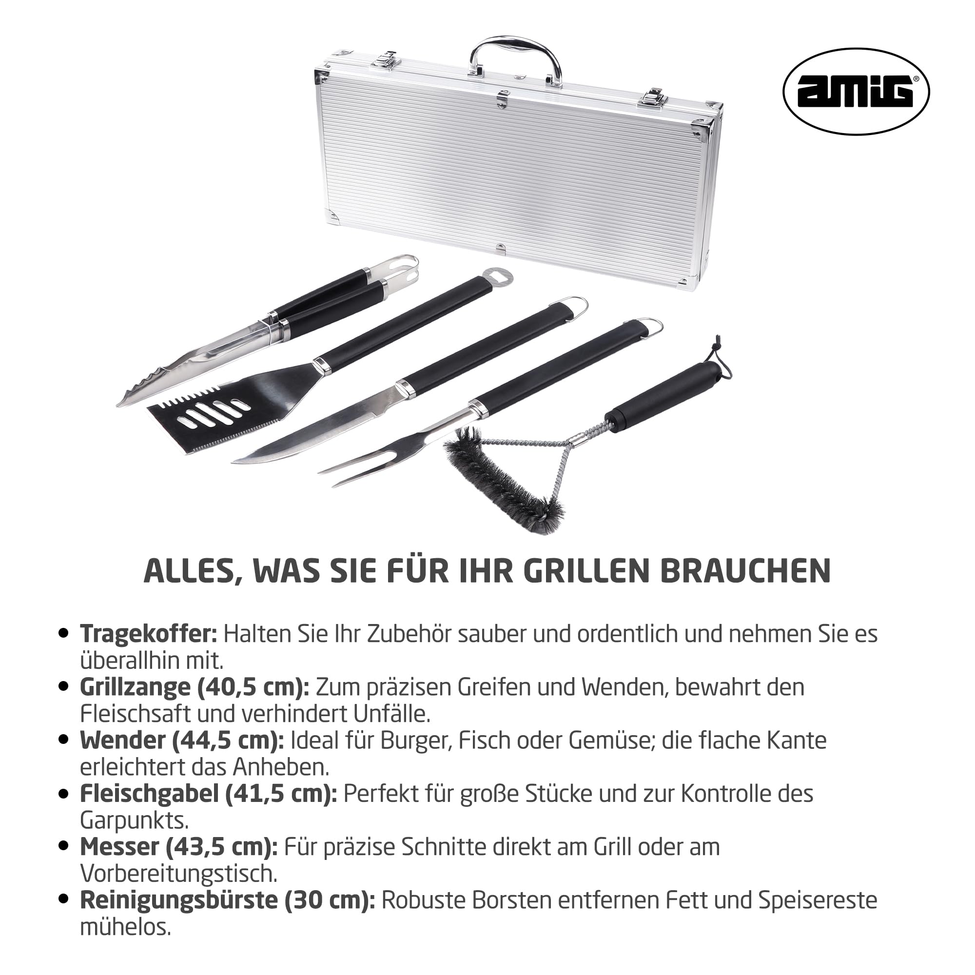 Amig - 5-teiliges Grillzubehör-Set - Edelstahl - Komplettes Utensilien-Set mit Tasche - Praktisches Zubehör und ansprechende Präsentation als Geschenk - Mod. AM01