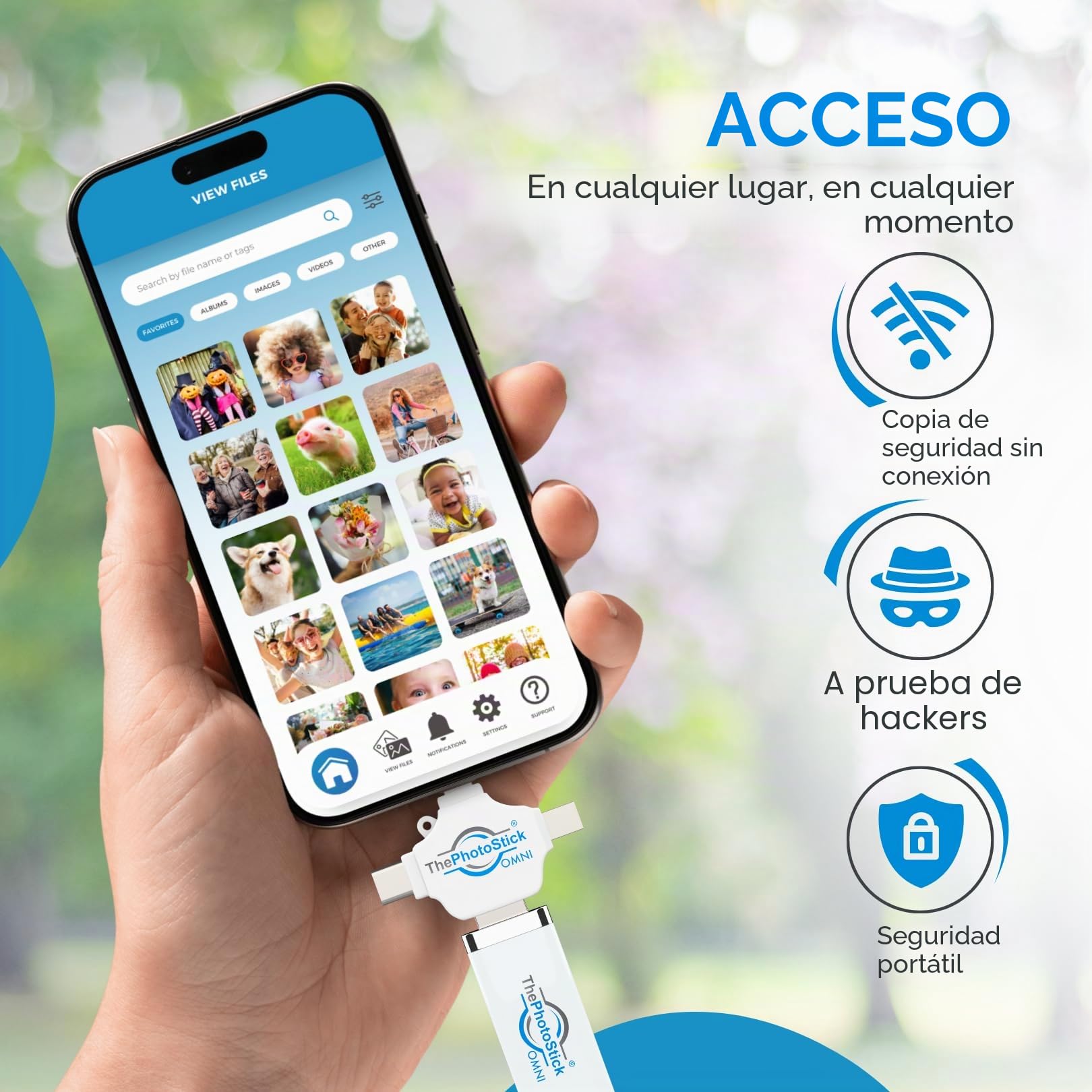 ThePhotoStick Omni - Memoria USB de 64 GB y memoria USB para iPhone, Android, Mac y PC, conexión multipuerto para un fácil almacenamiento y transferencia de archivos