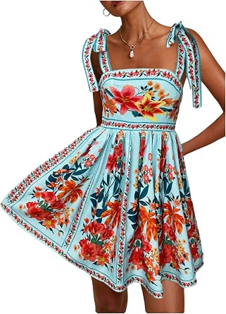 OYOANGLE Womens Boho Dress Floral Tropical Vacation Dress Sleeveless Tie Shoulder Summer Flowy Mini Dress Sundress