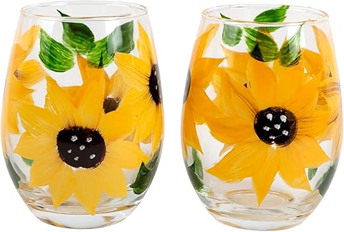 Miniatura 1 de Juego de copas de vino sin tallo de girasol pintadas a mano - Decoración rústica de granja - Regalo de cocina, juego de 2
