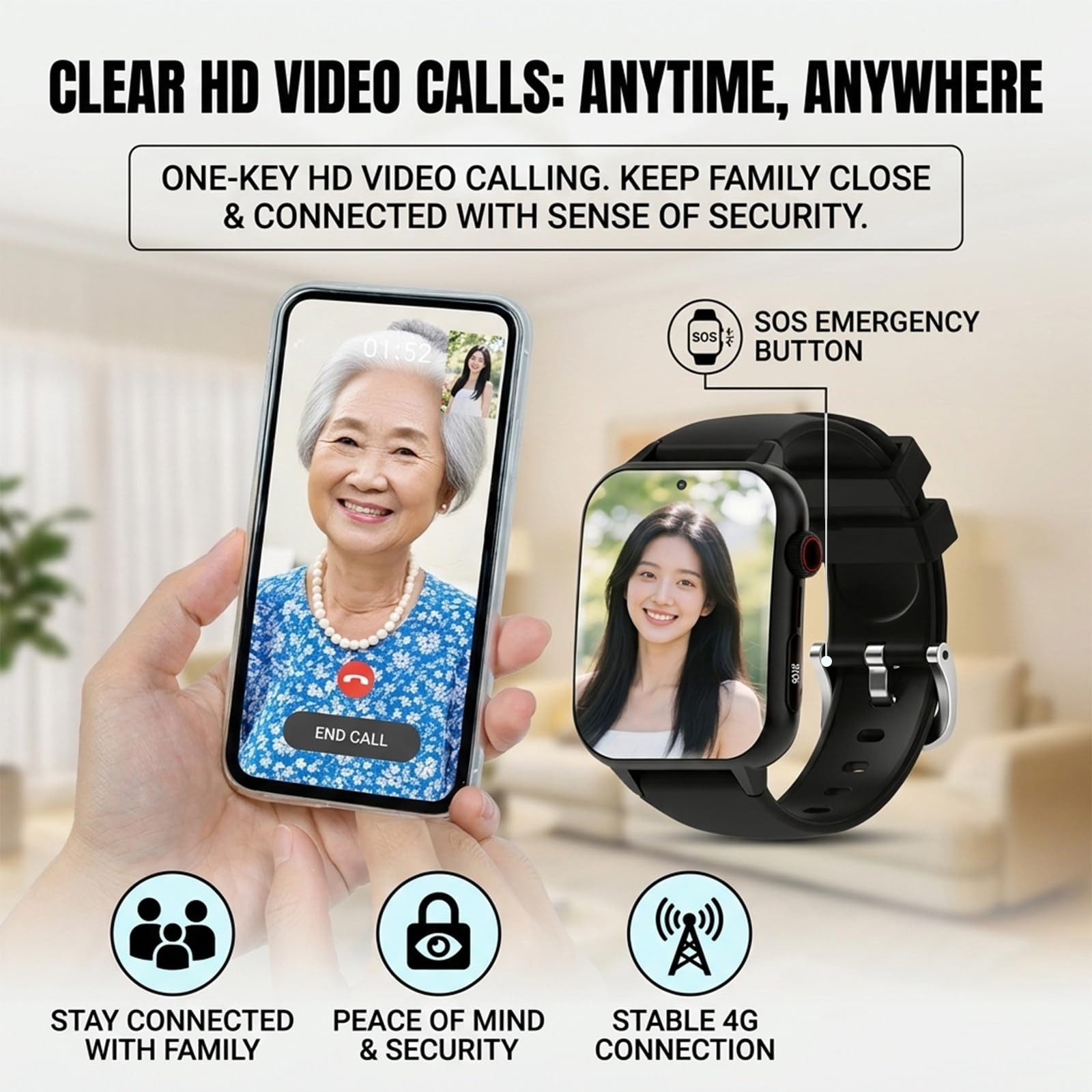GPS Smartwatch für Senioren mit Sturzerkennung, SOS Notruf, HD Videoanruf Gesundheitsüberwachung, 1,83-Zoll-HD-Bildschirm IP67 Wasserfest, SIM Karte Erforderlich für Alzheimer Black