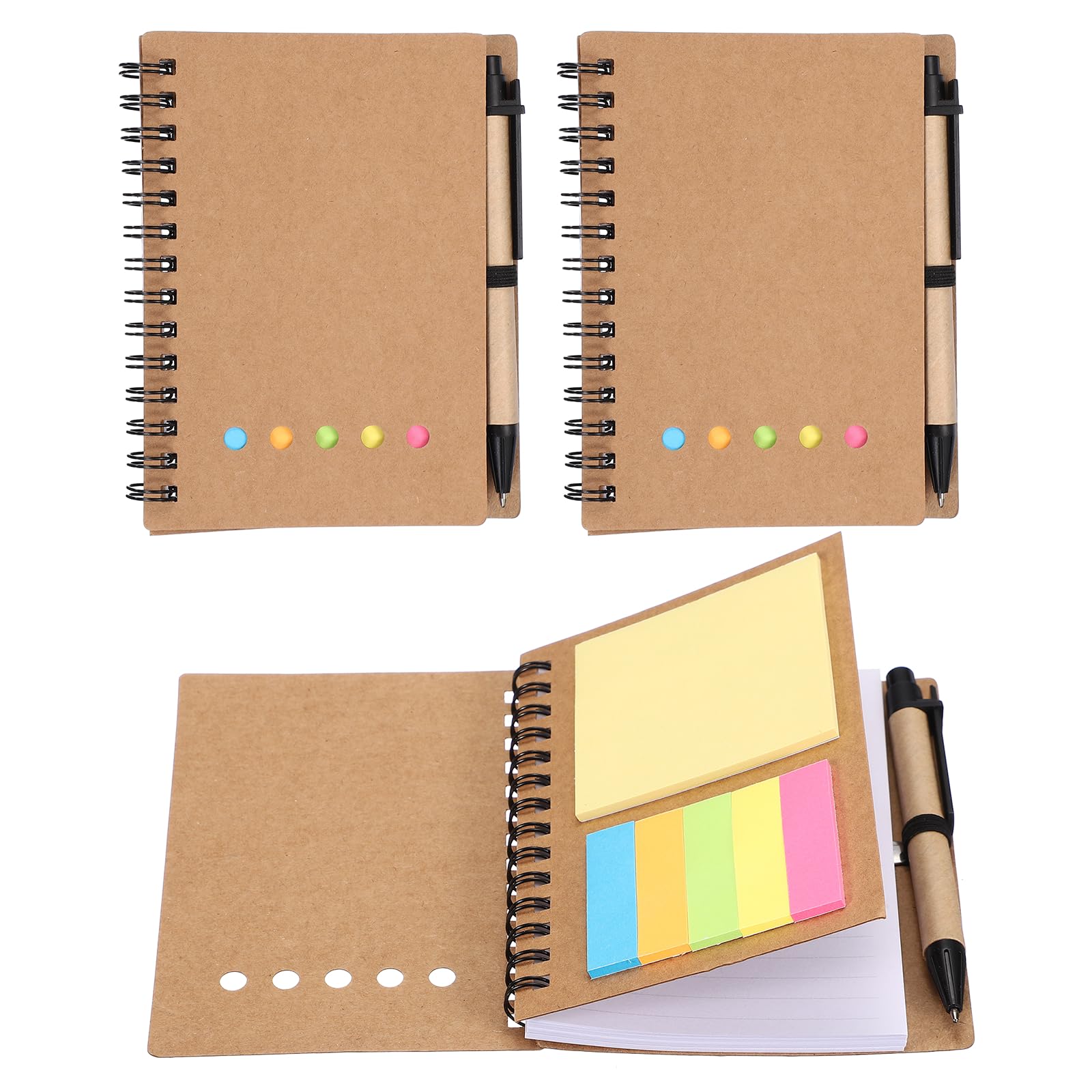 PATIKIL 2 Pack Spiral Notebooks with Sticky Notes Pen, 3.9x5.1 Small Pocket Notepads Lined Paper Notebook with Pen, 6 Colors Sticky Notes Kraft Cardboard Cover for Business Office, Brown