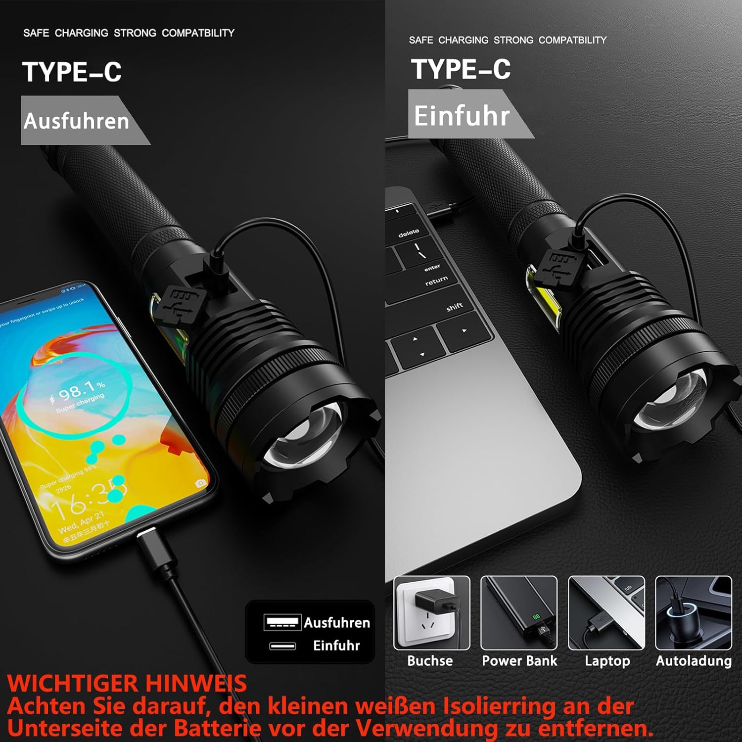 Diagram showing 4 COB sidelight modes of ASORT Rechargeable Torch K8