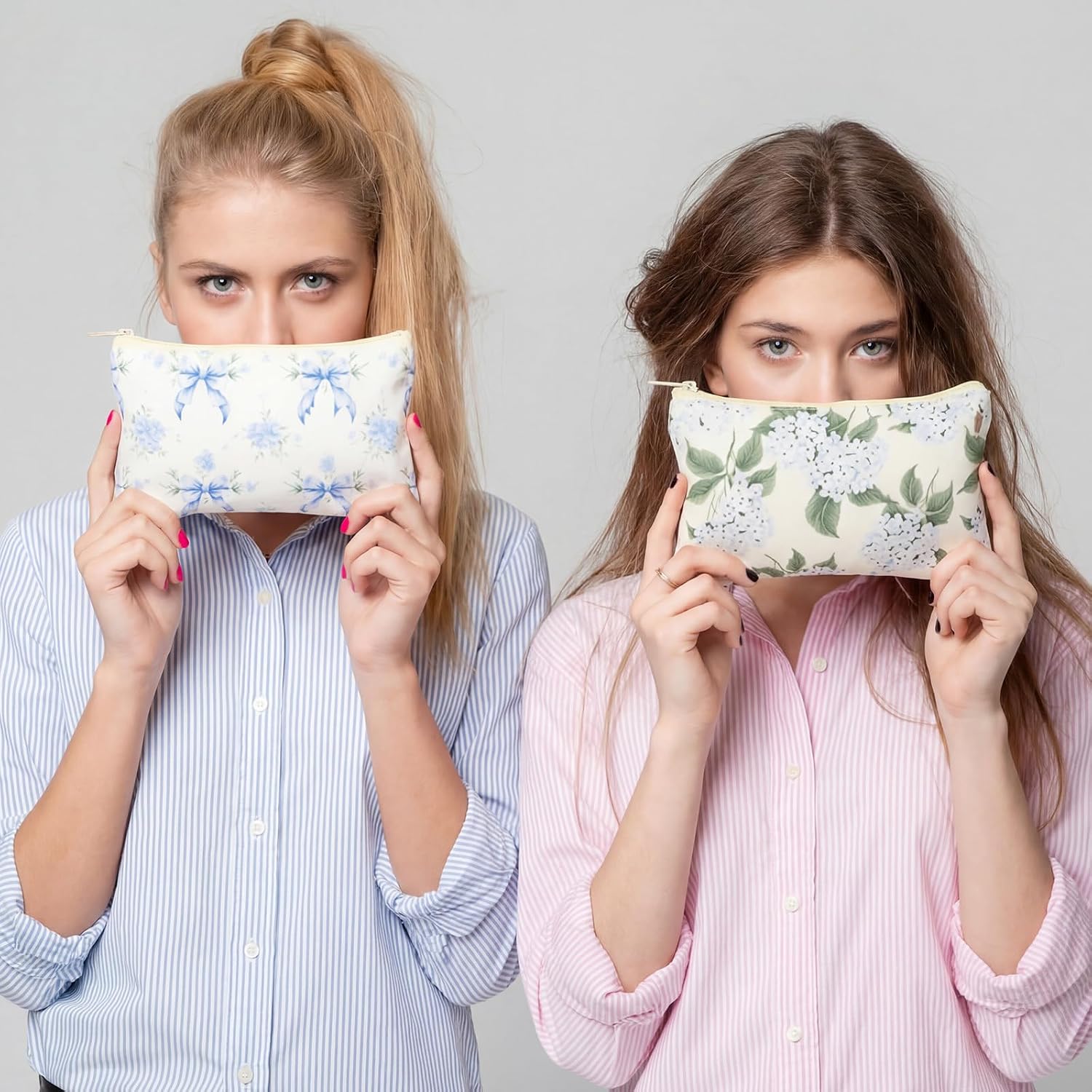 Kacctyen 12 Pcs Hydrangea Bow Makeup Bags Bulk for Women Blue Coquette Aesthetic Preppy Cosmetic Bags Bow Floral Canvas Toiletry Bag for Travel Makeup Zipper Pouches