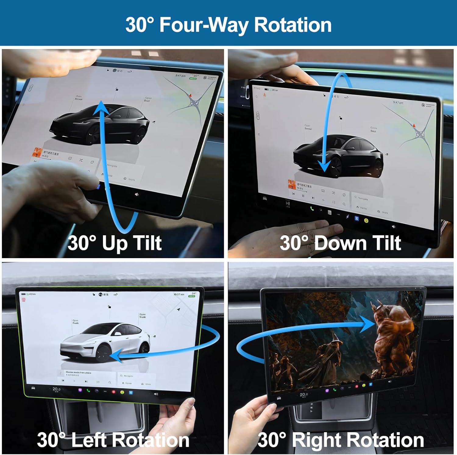 Screen Swivel Mount for Tesla Model Y Juniper 2026 2025 & Model 3 Highland 2025 2024 Center Console Screen Rotating Swivel Bracket Holder Left/Right 30° Up/Down 30° Tesla Accessories