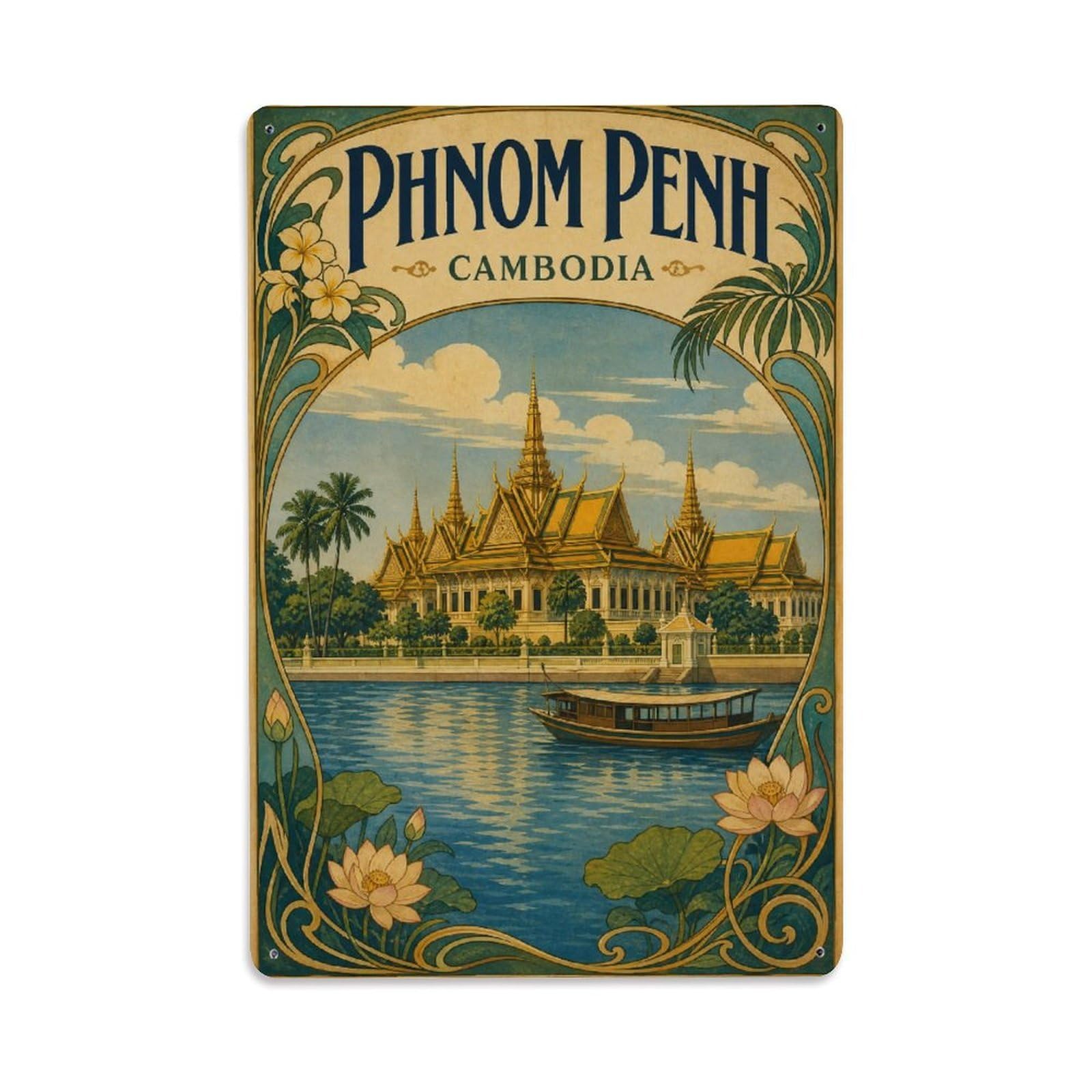 Vintage Travel Cambodia Phnom Penh Metal Tin Sign Plaque Wall Decor for Cafe, Club Bar, Office, Garden Metal Poster 8x12Inch