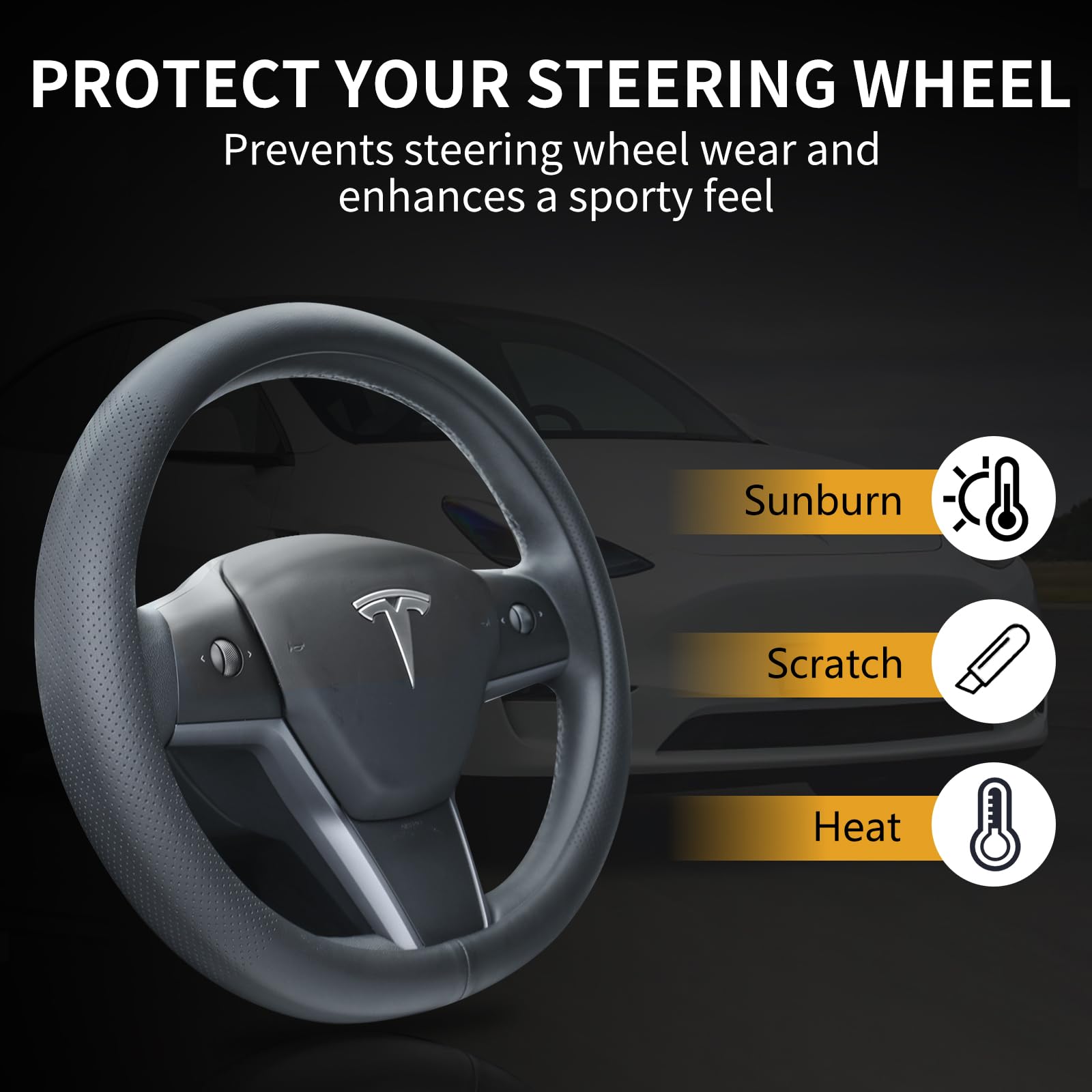 Nappa Leather Steering Wheel Cover for Tesla Model 3/Y 2016-2025 2026 Juniper/Highland, Non-Slip Breathable Tesla Model 3/Y Steering Wheel Protector, Black