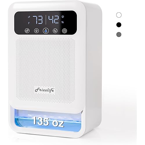 Frizzlife DH80 Air Dehumidifier, 135oz Water Tank W/Purifying Function, Quiet Small Dehumidifiers With Sleep Mode For Home, Bedroom, Bathroom, Basement W/Auto Shut Off, 7 Colors LED Light, White