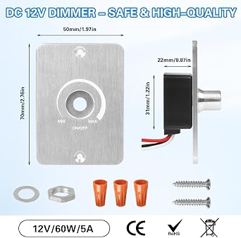 DC 12 V Dimmer Switch, Continuous Dimming for Motorhome, Boat, Truck, Caravan for Motorhome Boat Truck Caravan Trailer Light (Sliver)