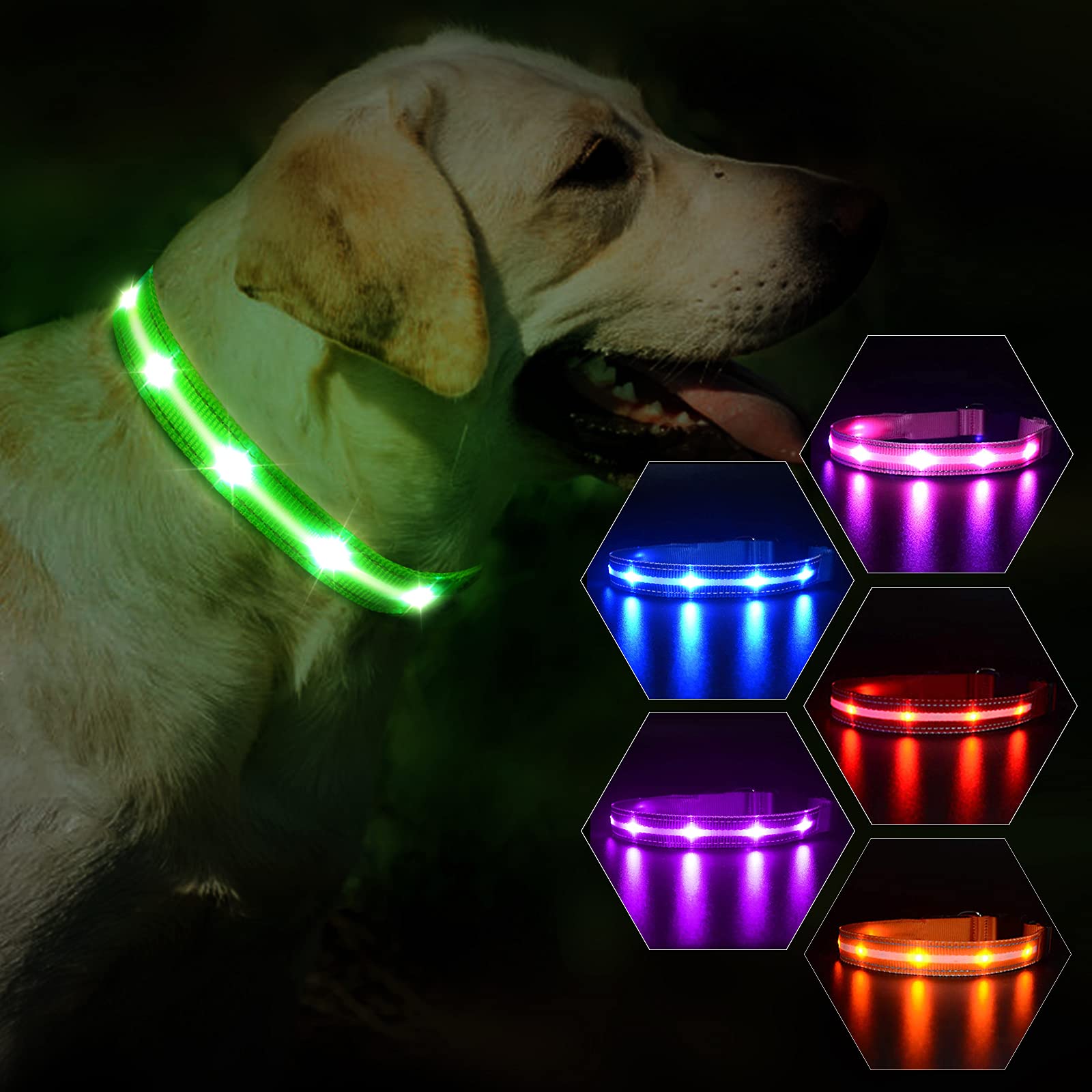 MASBRILLLuminous Dog Collar, LED Rechargeable and Waterproof Dog Collar, 3 Glowing Modes and Adjustable Size Suitable for Small Large Dogs (Green, M)