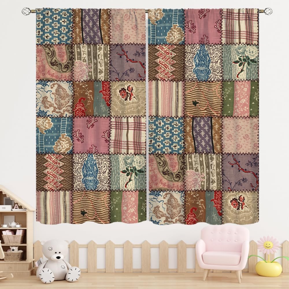 Retro Patchwork Curtains, Boho Floral,Vintage Daisy Wildflower Colorful Flowers Window Treatments for Vintage Modern Style Bedroom Living Room Home Kitchen Room, 84 W X 84 L,2 Panel Set