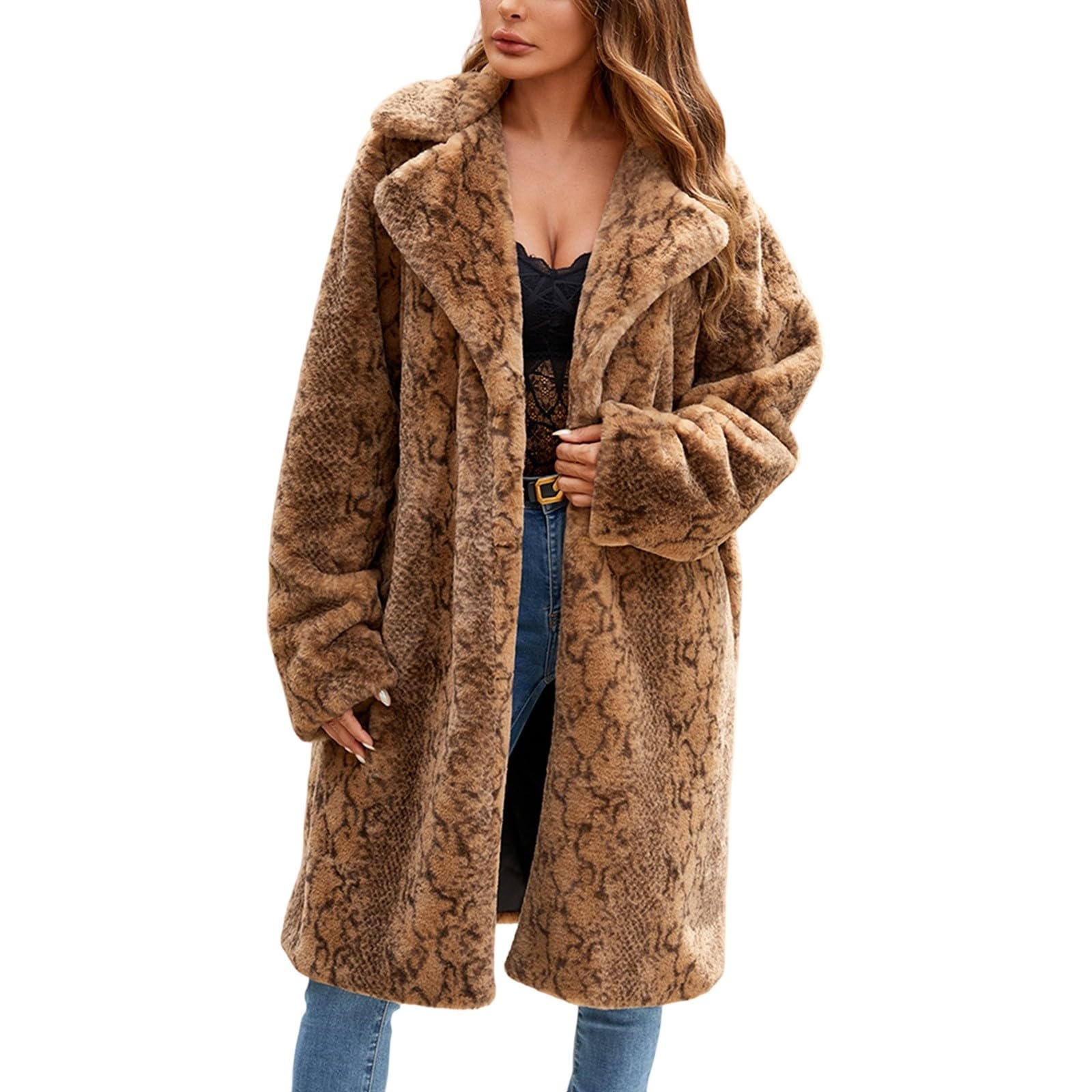 Generisch Giacca invernale da donna, cappotto caldo, lungo, elegante, trench risvolti, spesso cappotto invernale, soffice giacca termica in pile, giacca di peluche aperta, per le mezze stagioni