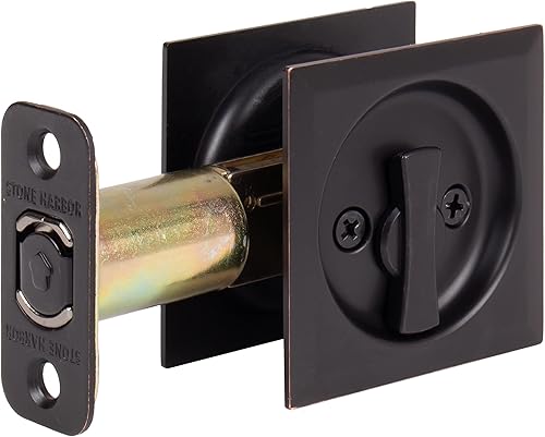 Miniatura 2 de Stone Harbor Hardware Cerradura de puerta de bolsillo cuadrada contemporánea, función de privacidad, fondo de 2-34", bronce vintage