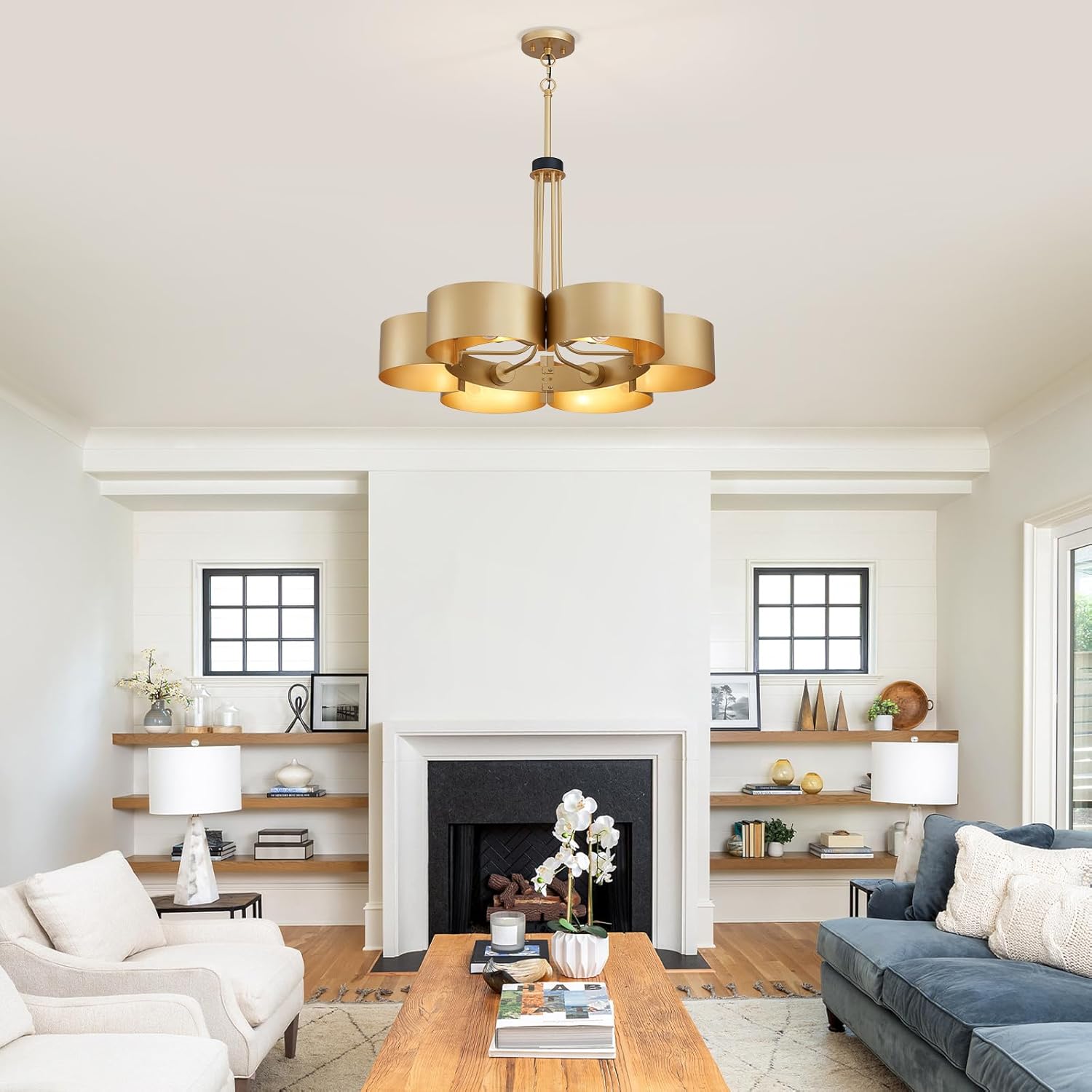 Rustic Gold Chandelier - 6-Light Ceiling Light - Height Adjustable Pendant Light for Living Room, Dining Room, Hallway - Elegant Design - Ideal Home Lighting