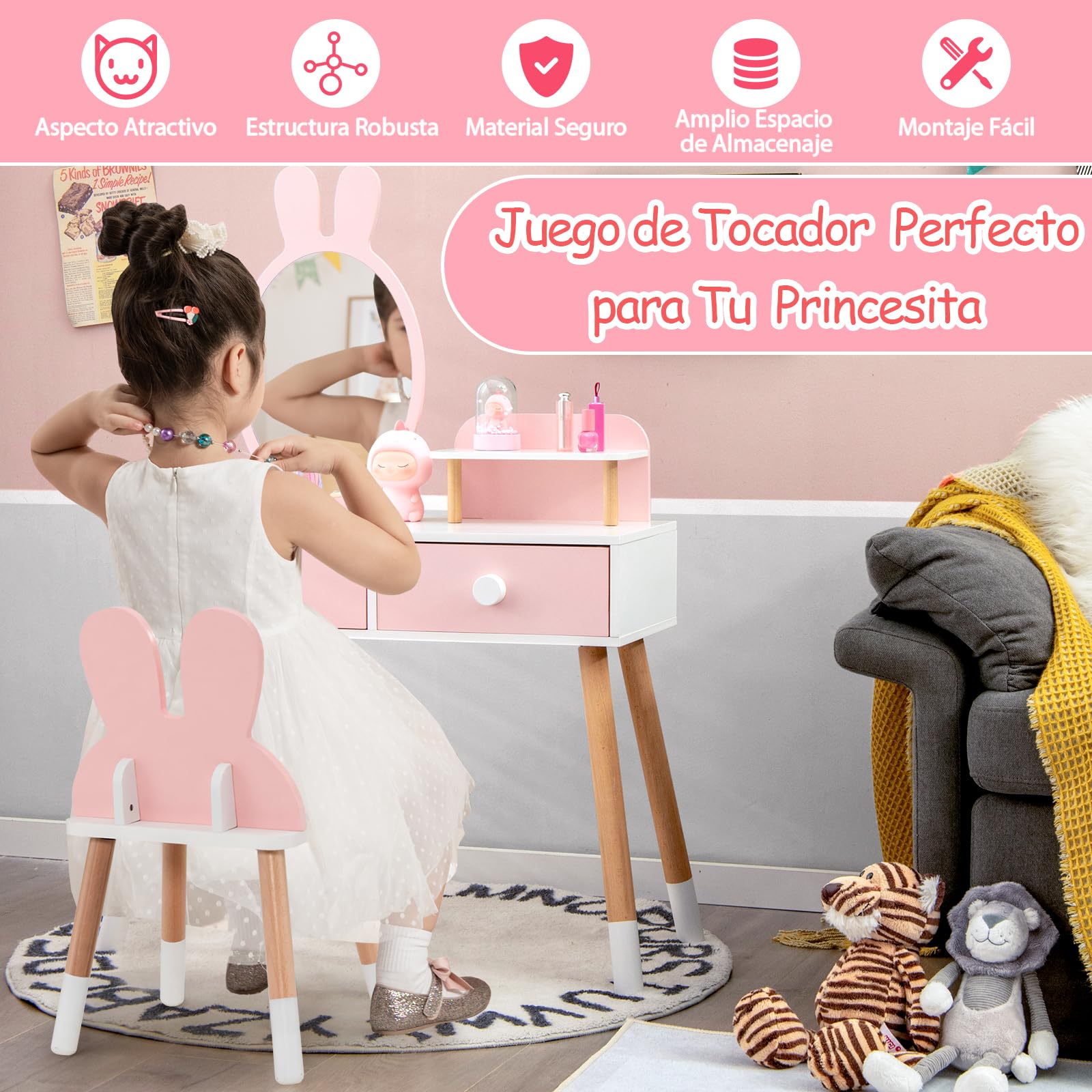 RELAX4LIFE 2 en 1 Tocador de Maquillaje para Niña con Espejo Extraíble y Taburete, Tocador Niña con 2 Cajones y 3 Accesorios, Maquillaje Niñas, Tocador Infantil de Madera para Niños 3-7 Años (Rosa)