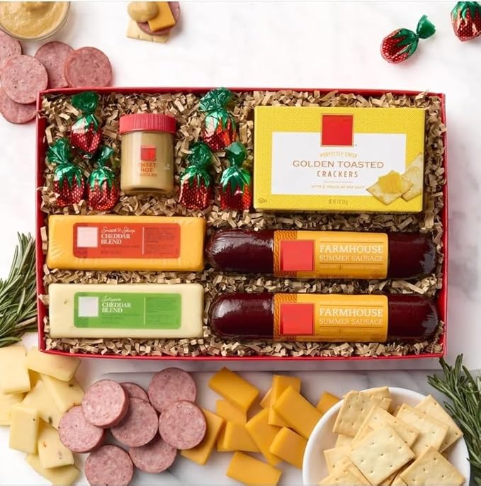 Hearty Sausage and Cheese Charcuterie Gift Box | Gourmet Food Gift Basket Perfect For Family Christmas and Holiday Gifts 15.25oz