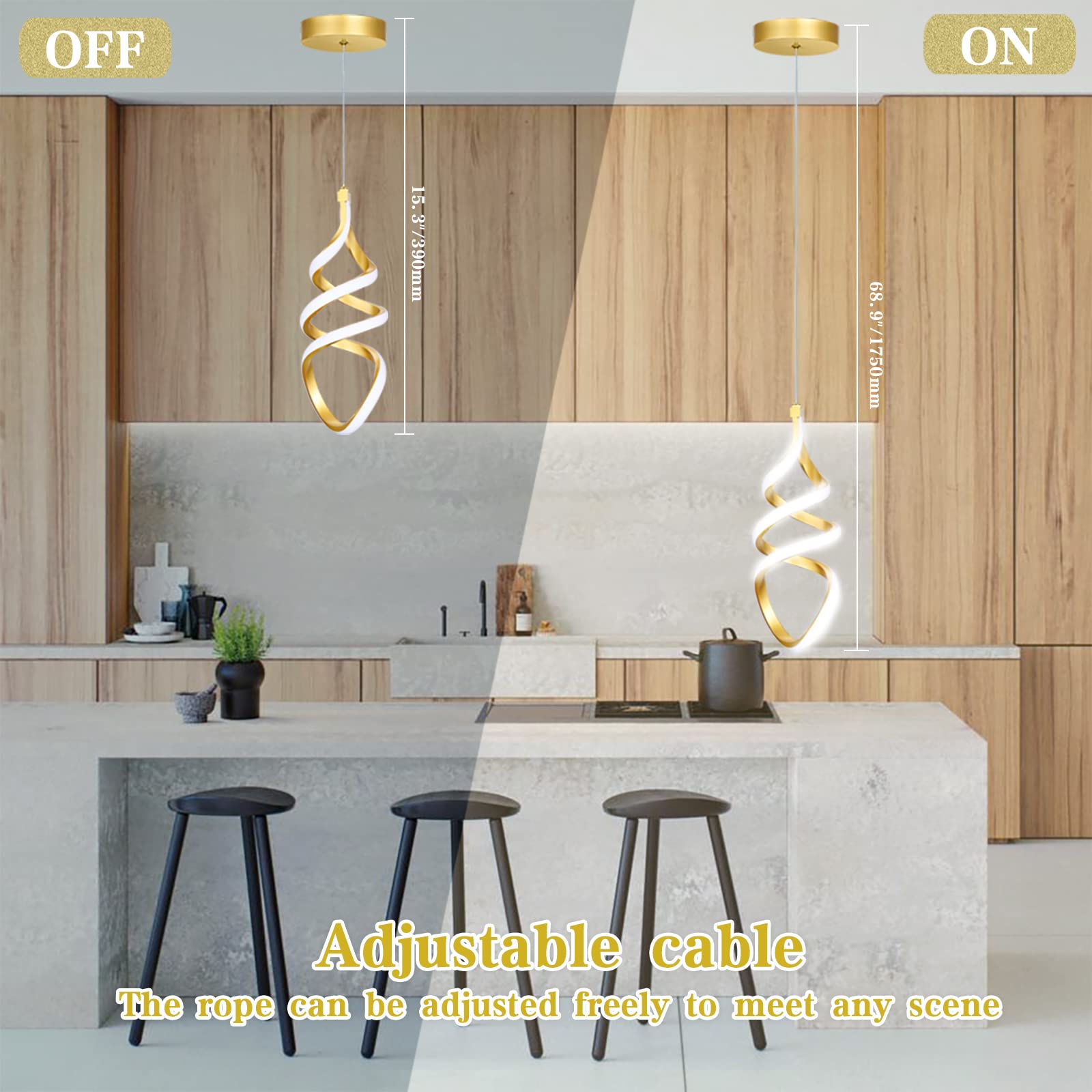 Pendant Lights,3 Pack Brushed Gold Pendant Lighting for Kitchen Island,LED Pendant Lights 3 Color Temperature,Modern Pendant Light Fixtures,Gold Brass Pendant Lighting,Dimmable Spiral Ceiling Light