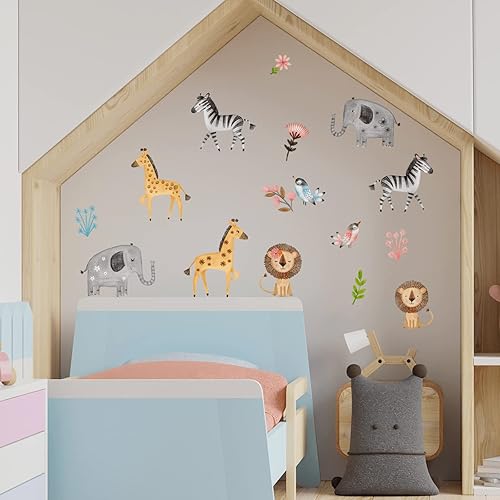 Miniatura 7 de Lindas calcomanías de pared de animales de safari en acuarela, calcomanías extraíbles para niños, elefante, cebra, jirafa, león, calcomanías de