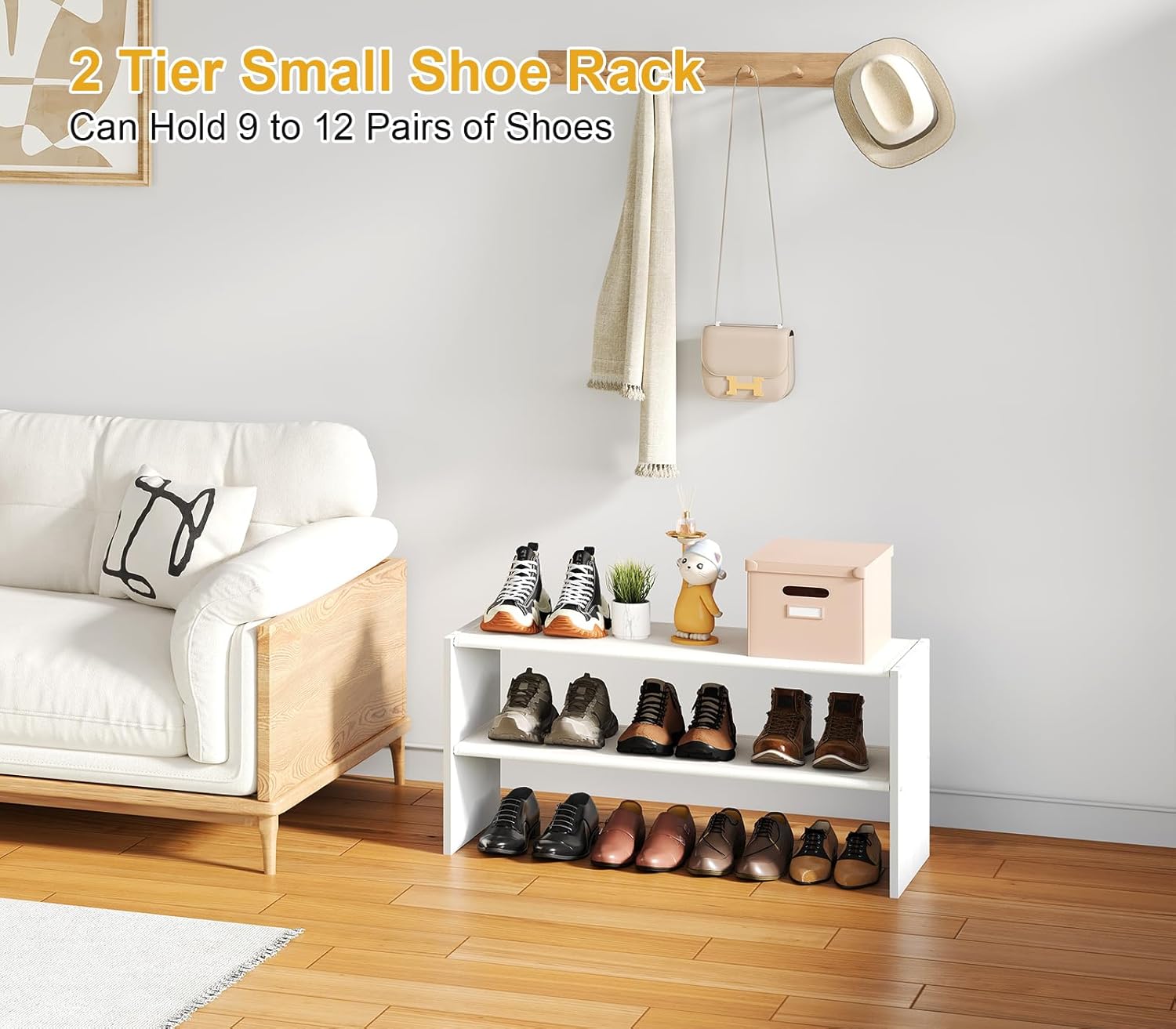 2 Tier Small White Shoe Rack For Closet, Stackable Shoe Shelf Organizer for 9 -12 Pairs of Shoes, Small Shoe Storage Organizer for Entryway, Hallway, Garage,Living Room, Bedroom, Size 28.5"* 11" * 13"