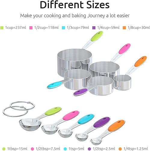Miniatura 2 de U-Taste Juego de 10 tazas y cucharas medidoras en acero inoxidable 188 y 600 F de alta temperatura, flexible de 11.38 pulgadas, espátula grande de