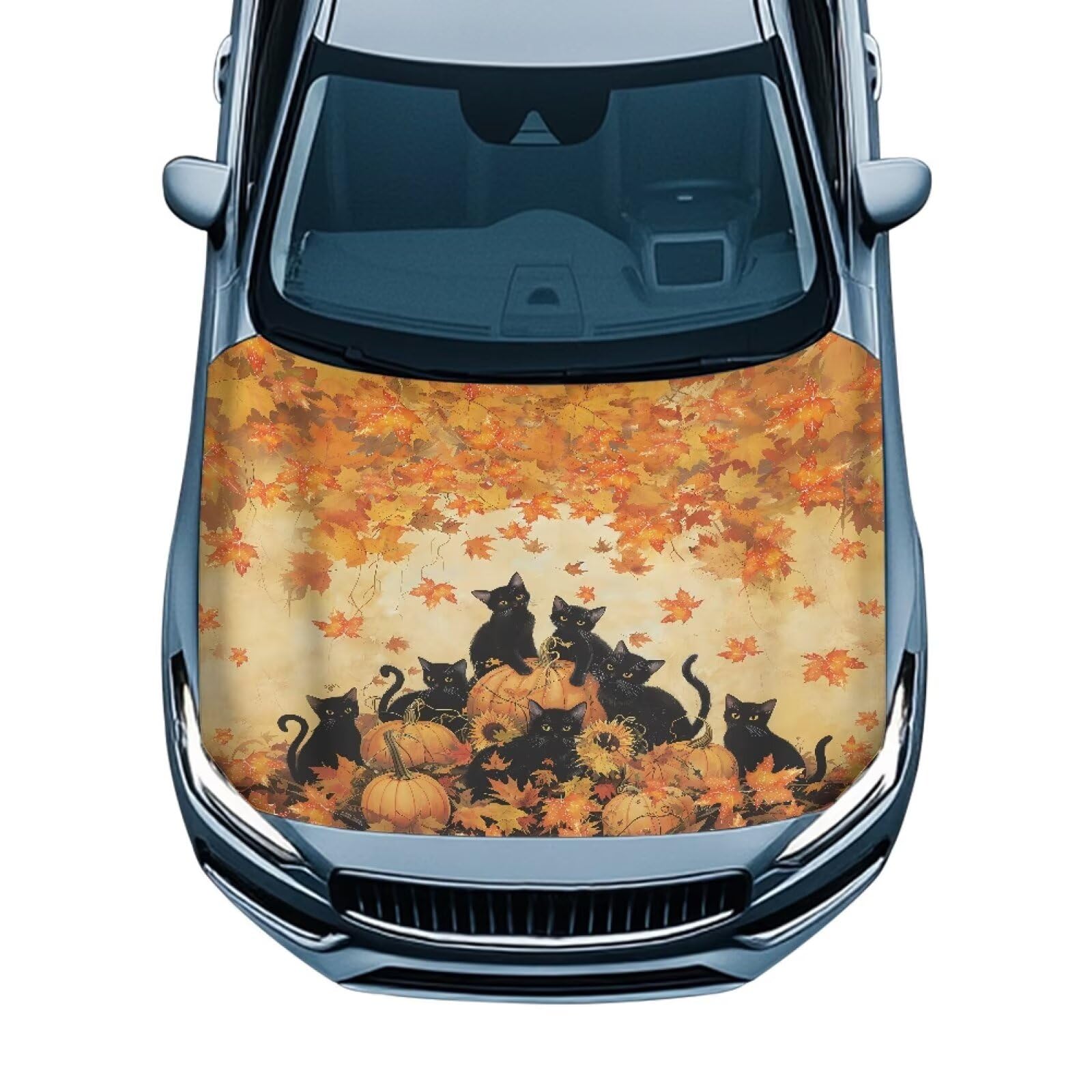 Fall Black Cat Print Car Hood Cover Protector 59×39 Inch Stretchable Auto Hood Wraps Waterproof Halloween Automotive Exterior Accessories for Most SUV Sedans Trucks