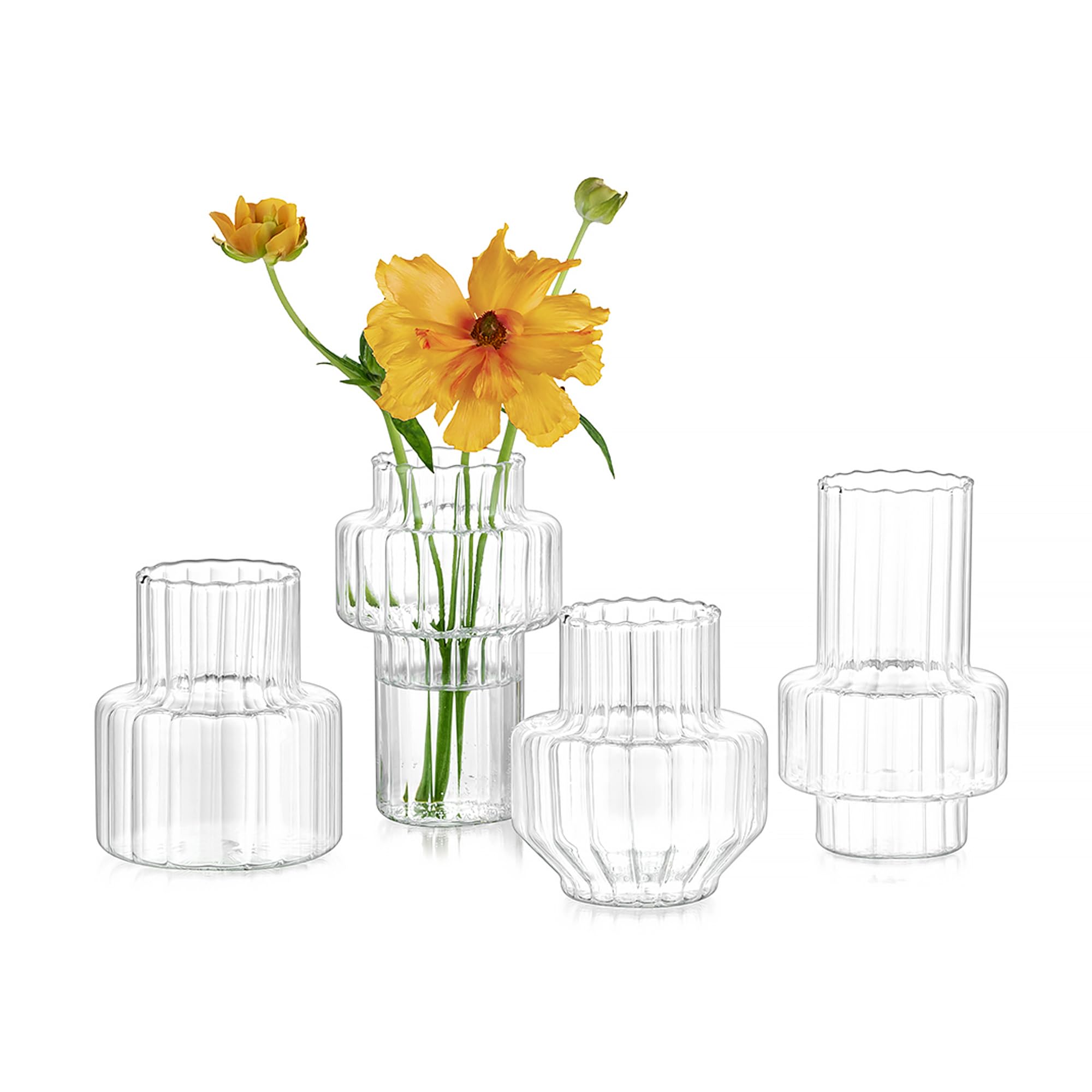 Hewory Ribbed Bud Vases for Centerpieces: Set of 4 Small Clear Glass Vase for Bridal Baby Shower Home Decor - Modern Table Decoration for Wedding &