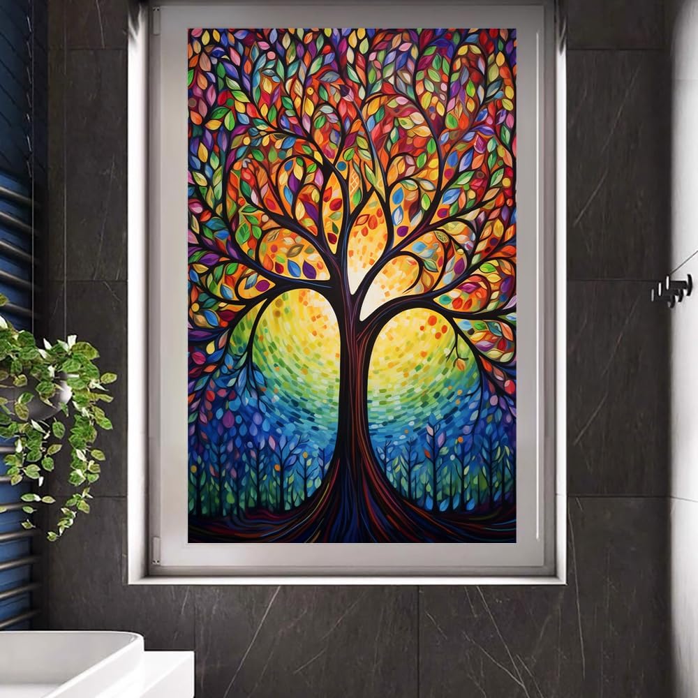 Abstract Tree Leaf Frosted Stained Glass Window Film - Modern Colorful Plant Decorative Peel and Stick Adhesive Vinyl for Bathroom Privacy, Bedroom Home Decor, 27.6Wx47.2L inch