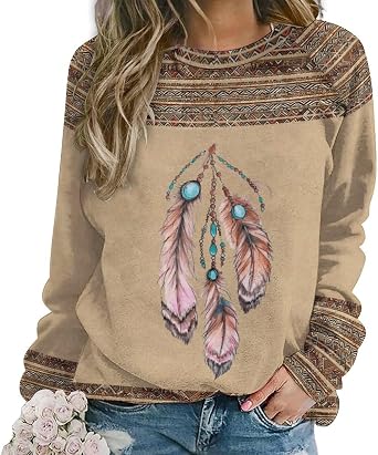 LOAIHA Womens Western Shirts Native American Long Sleeve Aztec Sweater Geometric Print Tops Fall Casual Crewneck Blouses
