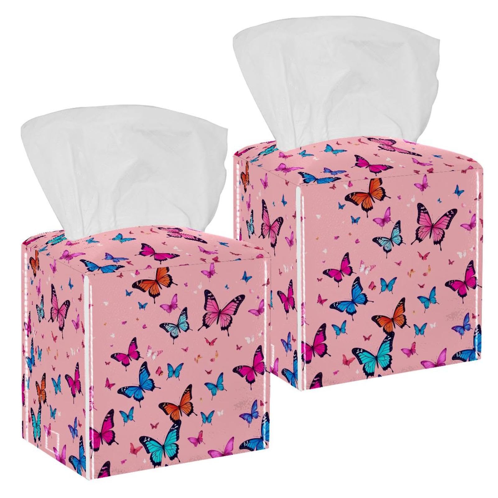 Aesthetic Butterfly Tissue Box Cover, 2 Pack PU Leather Square Facial Tissue Dispenser Box holder for Home Office Car