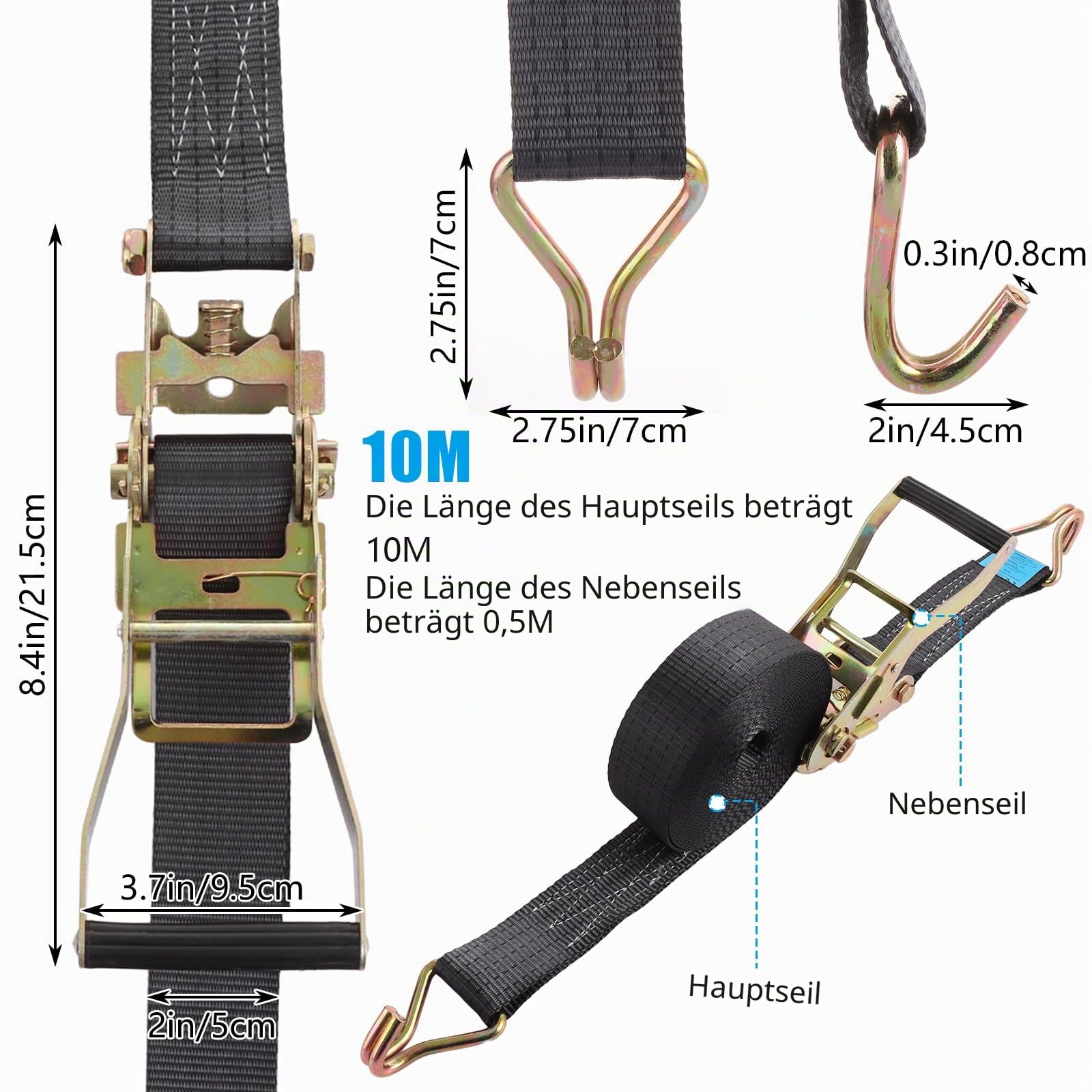 2 Sets Spanngurte mit Ratsche, 5 cm x 10 m, 3T Bruchfestigkeit, robuster Zurrgurt, Sicherungsgurte mit Griff und Metall-J-Haken für LKW, Auto, Motorrad, Schwarz
