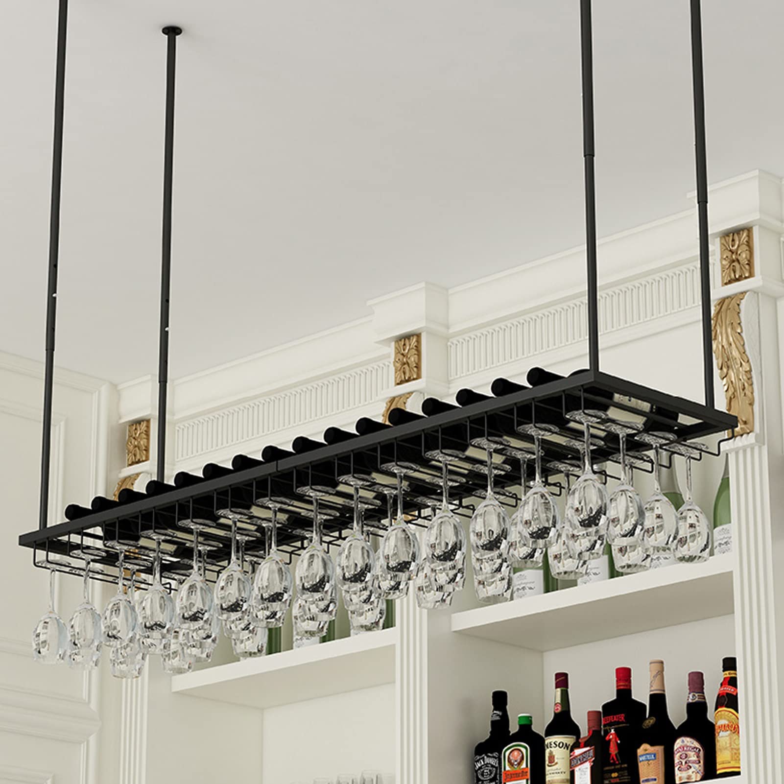 Casier à vin suspendu noir : porte-verre élégant pour plafond de bar