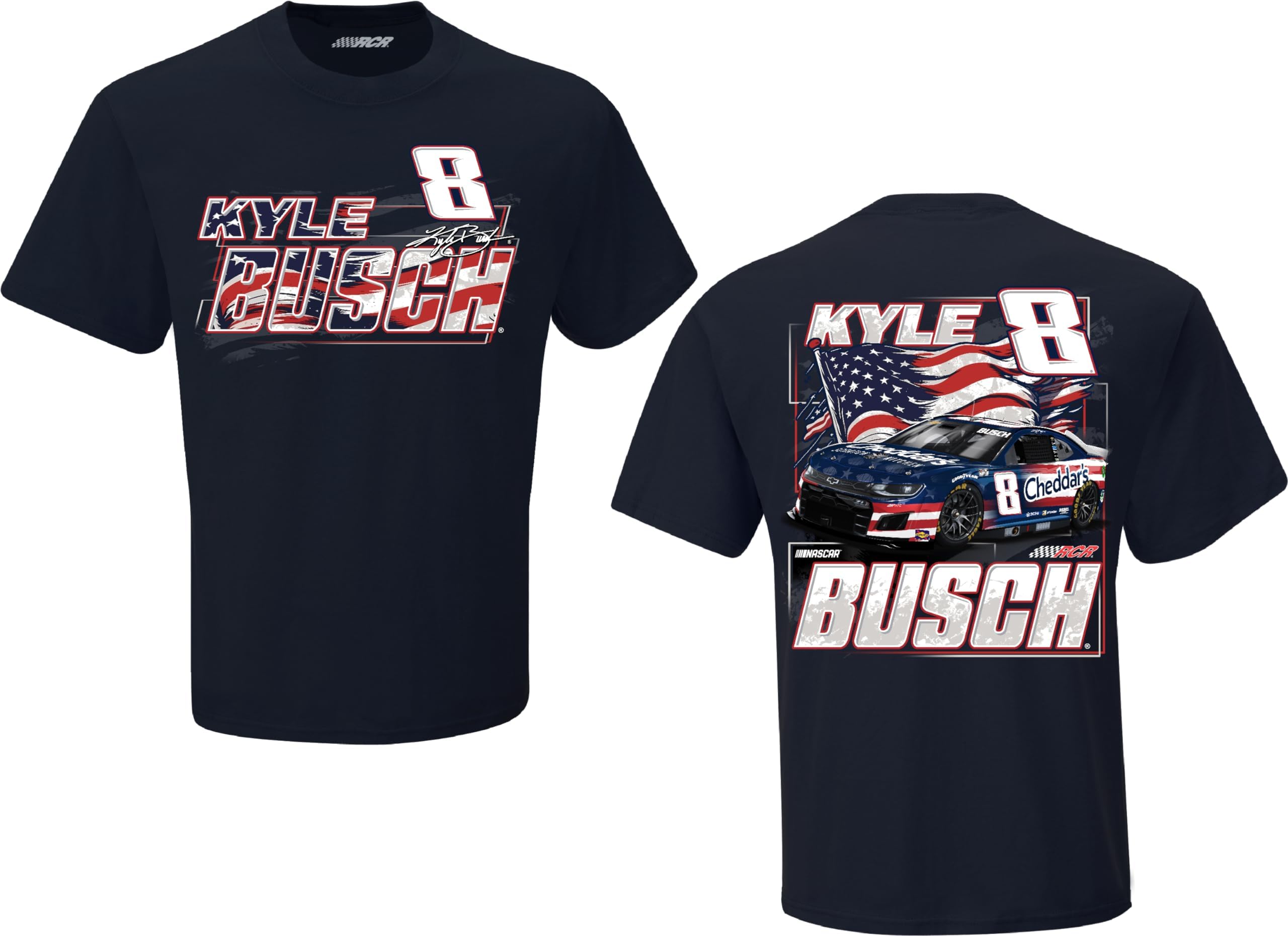 Kyle Busch #8 NASCAR 2024 Patriotic Cheddar's Pit Road Patriotic 2 Sided Navy T-Shirt