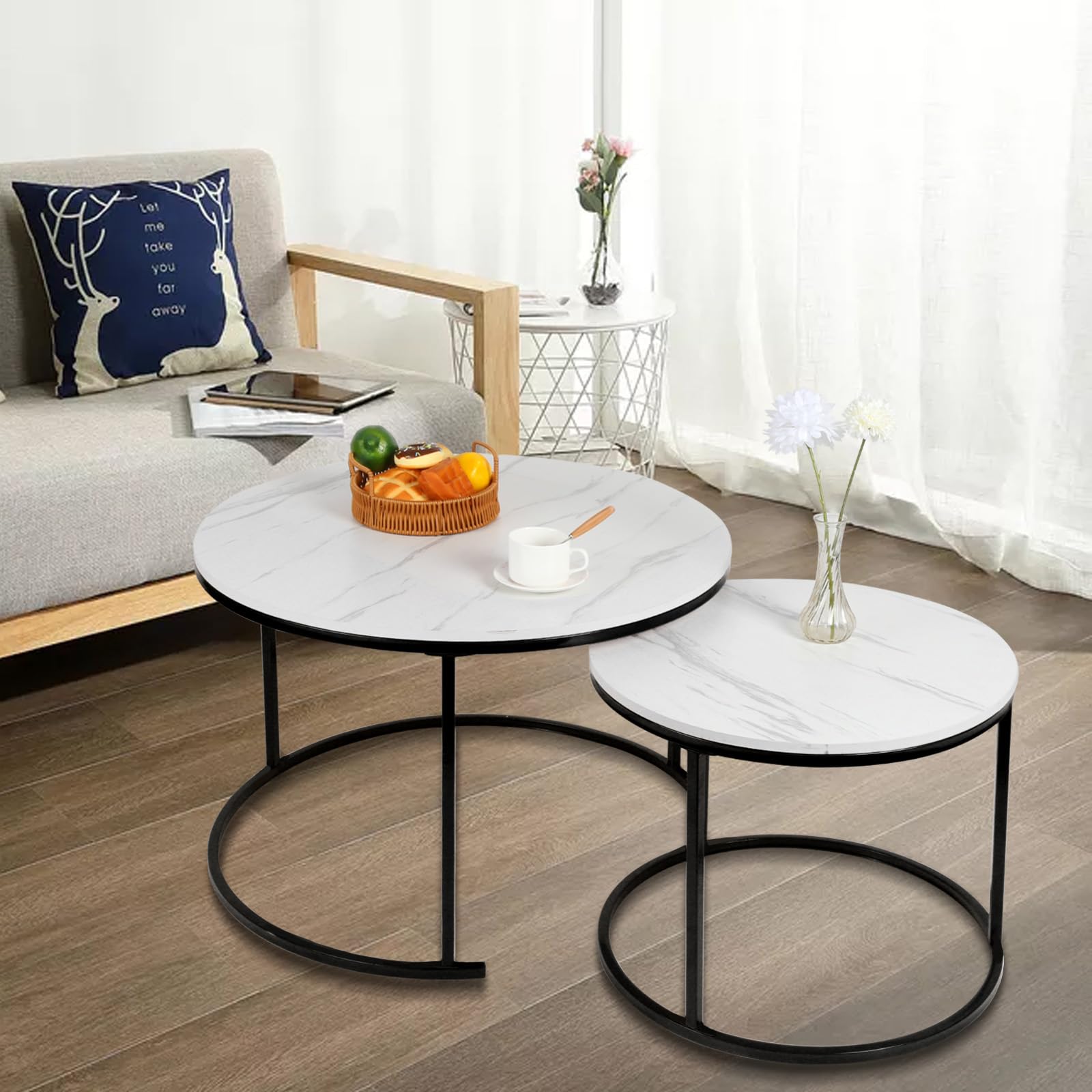 Table Basse Aspect marbre - Table d'appoint pour Salon - Diamètre 40 + 60 cm - Grande Ronde - MDF - pour Salon, Chambre à Coucher, Balcon-B (60 * 60 * 45 et 40 * 40 * 38) Marbre Blanc