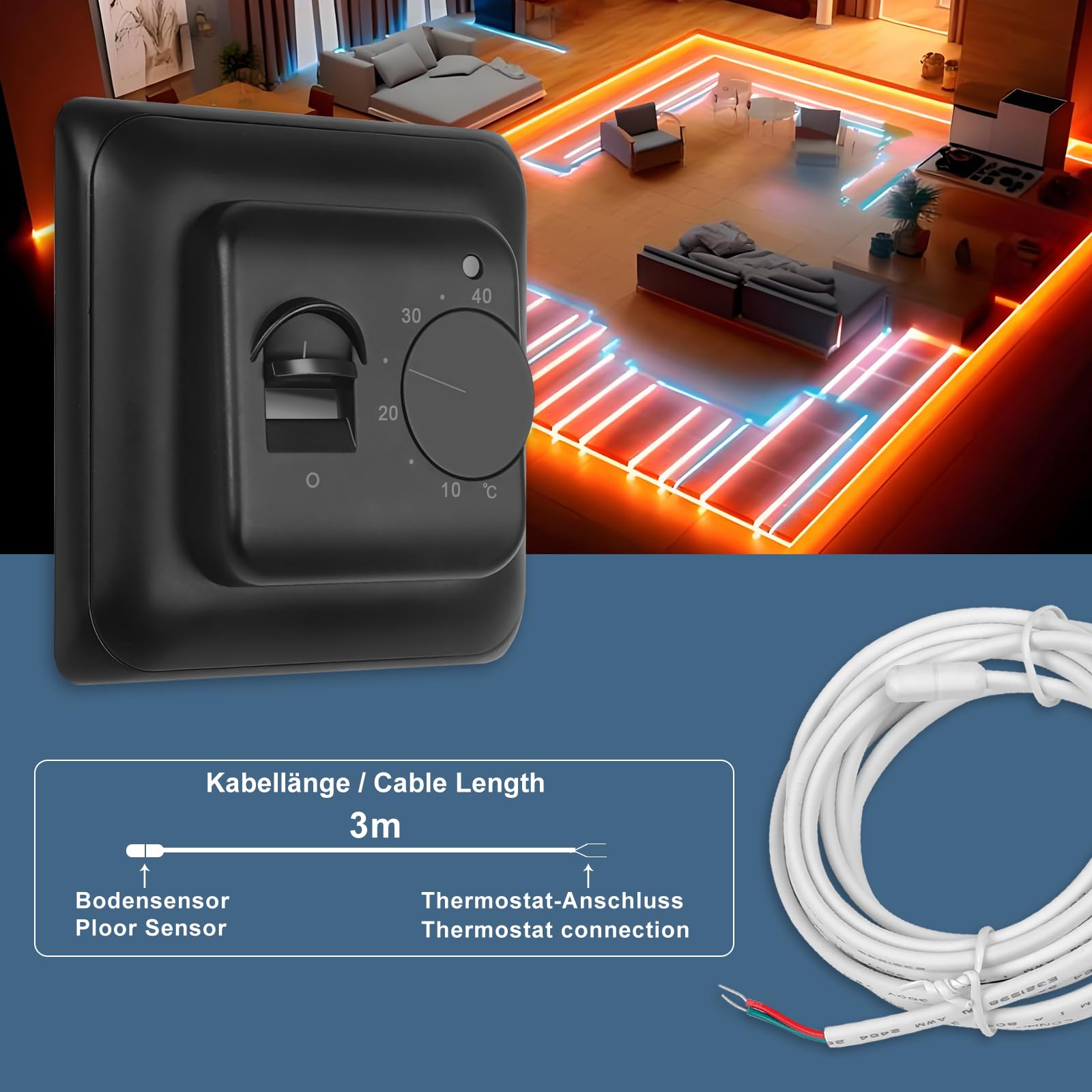 CNBINGO Termostat pokojowy, elektryczny regulator ogrzewania podłogowego z czujnikiem, termostat mechaniczny ogrzewanie podłogowe, elektryczne sterowanie ogrzewaniem podłogowym, montaż