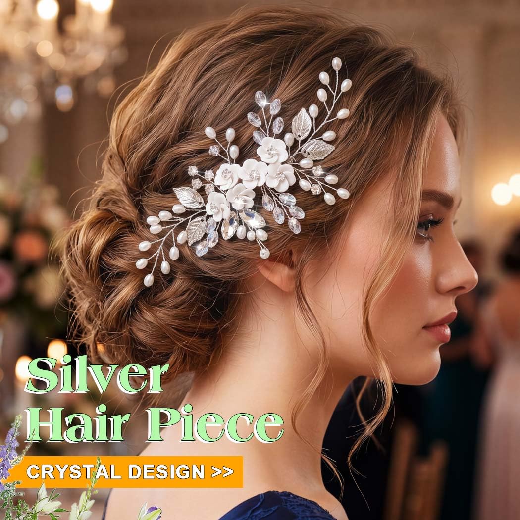 JEAIRTS Flower Bride Weddding Hair Comb Silver Pearl Crystal Bridal Hair Accessories for Women