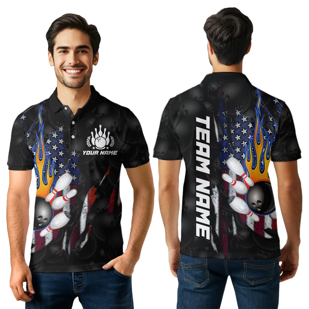 PIONAMZIOZ Flame Bowling Shirt for Men & Women Personalized Bowling Team Jersey Unisex Bowling Polo & Quarter-Zip Shirt (US, Alpha, Small, 5X-Large, Regular, Regular, Men Polo)