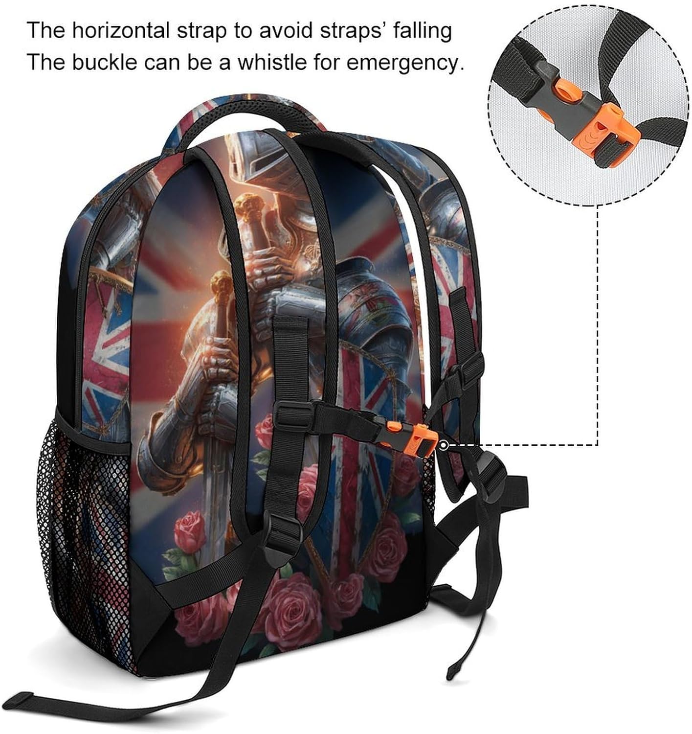 Knights British Flag Roses Unisex Backpack Casual Daypacks Lightweight Shoulders Bag for Camping Hiking Travel
