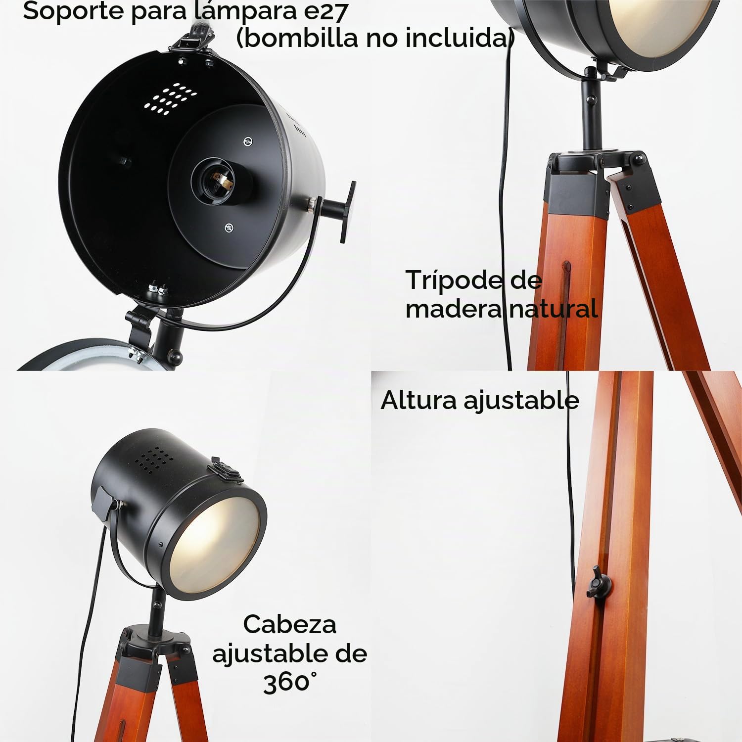 Alpinaluz Lámpara de Pie con Trípode de Madera Natural y Cabezal Negro Mate con Cristal Opaco, Altura Ajustable, Estilo Vintage Retro Cinema, Casquillo E27 para Salón y Dormitorio