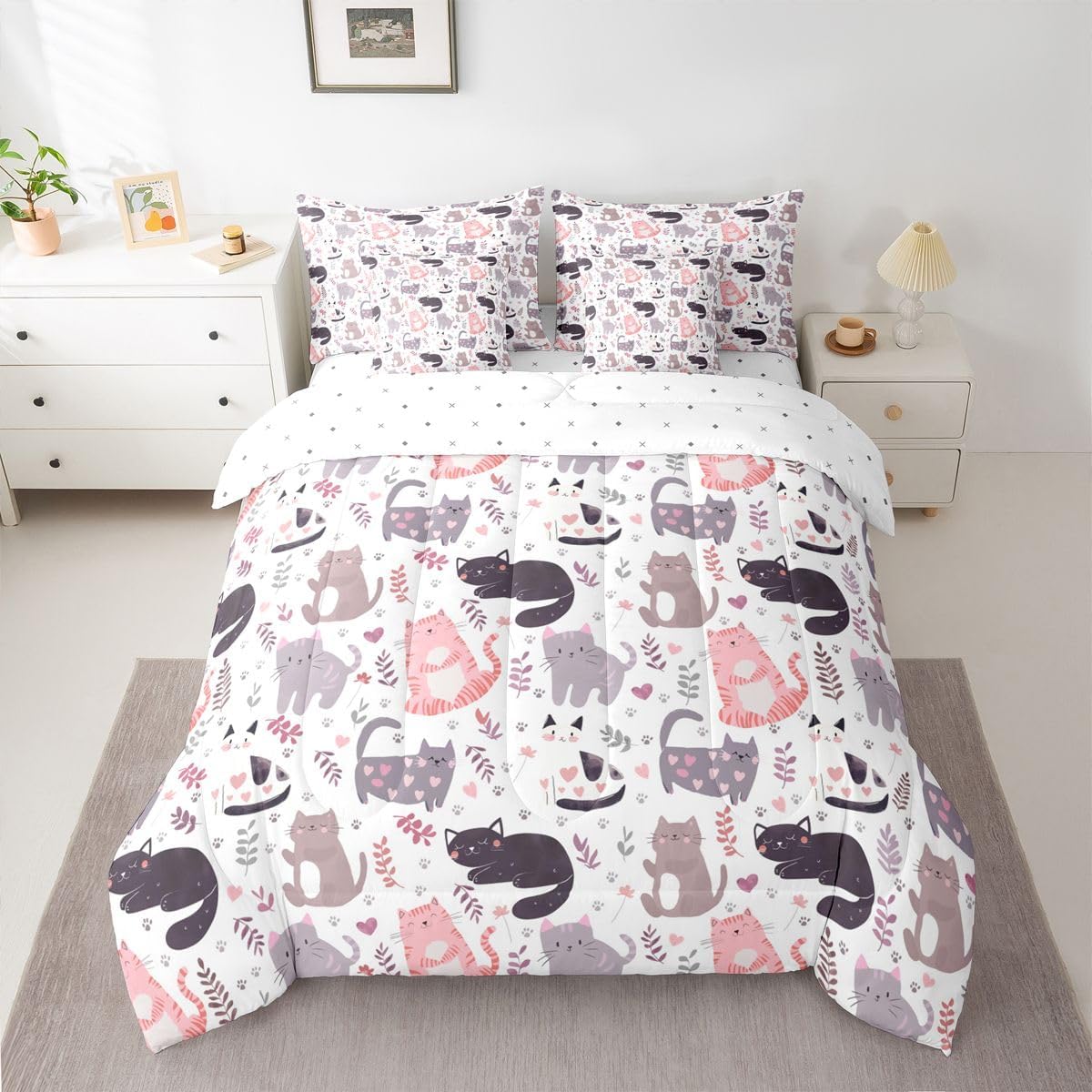 Feelyou Cat Comforter Set Twin Size 7 Pieces Cute Kitten Bedding Set for Kids Boys Girls Kawaii Cartoon Animal Bed in a Bag with Comforter, Sheets, Pillowcases, Cushion Covers Colorful Floral