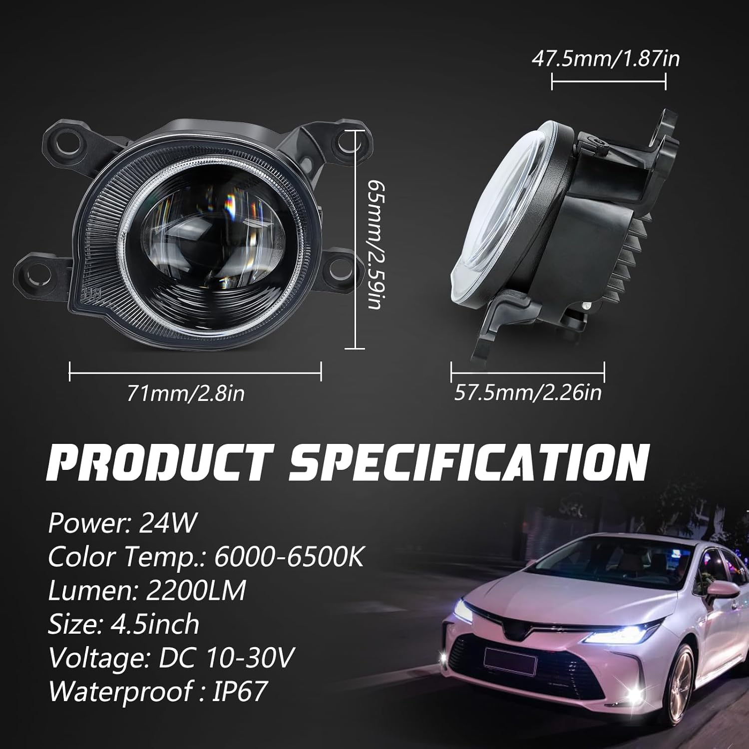 Corolla Led Fog Light for Toyota Corolla Cross 2020-2024, 6500K Cool White, Plug N Play, Waterproof Driving Fog Lights Assembly Kit, 2PC Pack