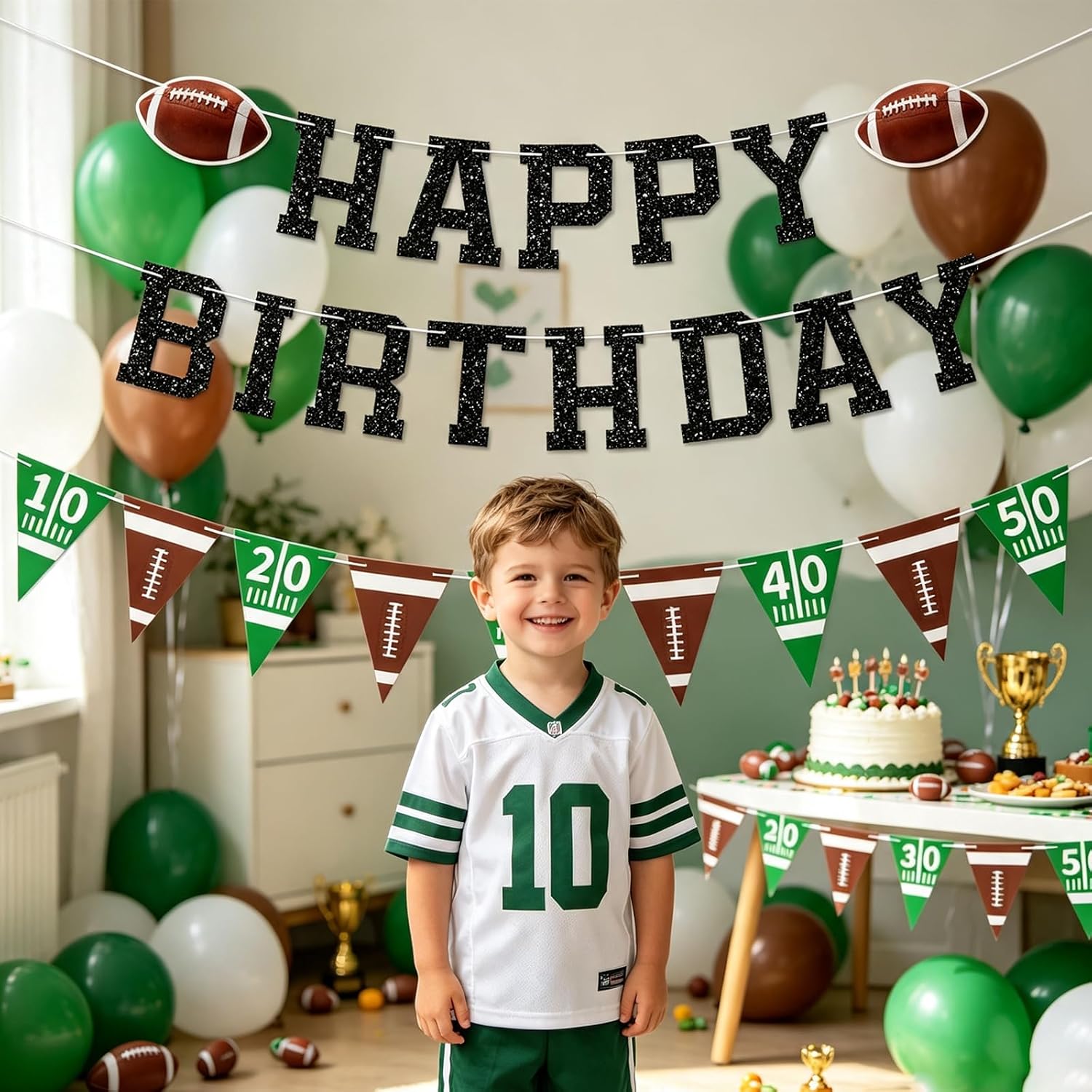 Football Happy Birthday Banner, Glitter Black Football Birthday Party Decorations for Kids Teenagers Boys Men Sports Theme Bday Party Decor Supplies, No DIY.