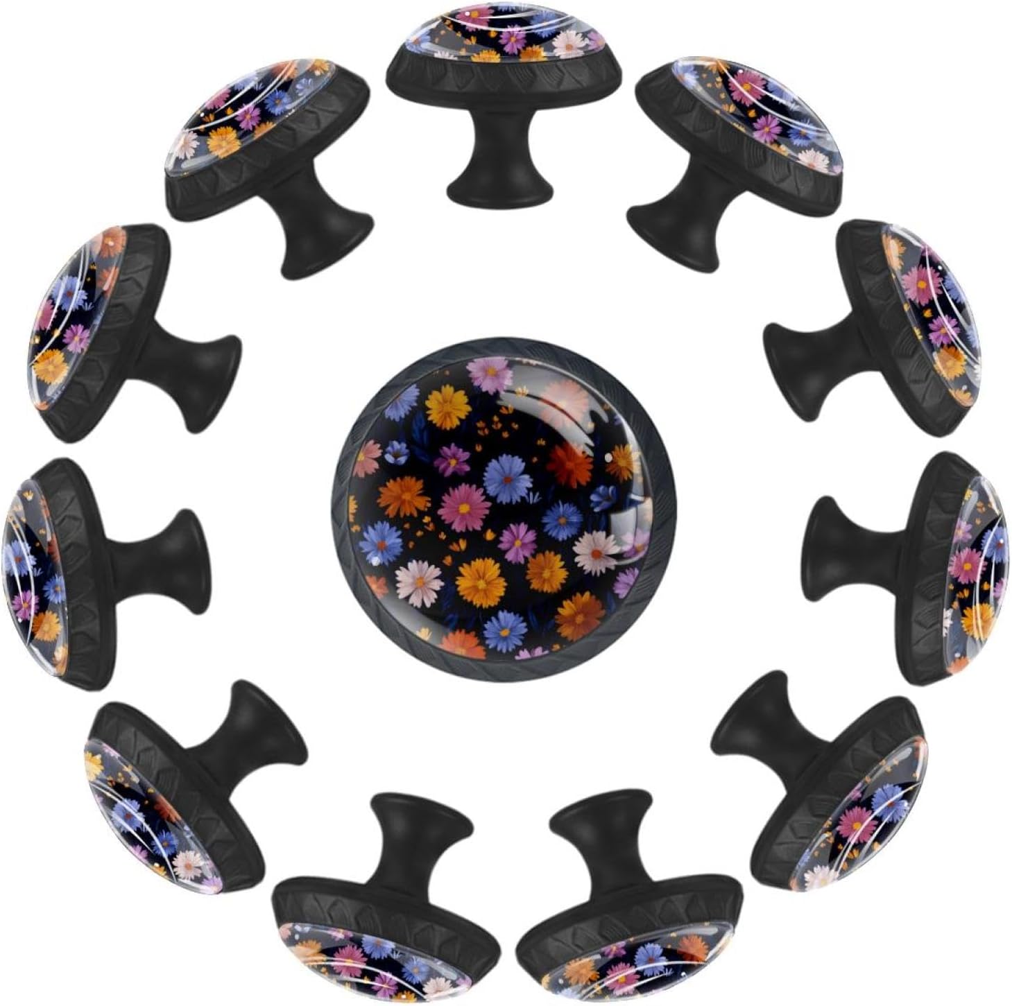 Black Little Flower (3) Glass Furniture Knobs, Practical Drawer Pulls with Long & Short Mounting Screws