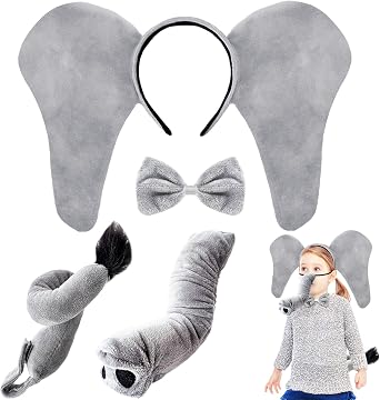 Baaxxango 4 Pcs Elephant Costume Kids,Elephant Ears Headband Nose Bowtie and Tail Costume Accessories,Elephant Accessories Set for Children Halloween Cosplay World Book Day