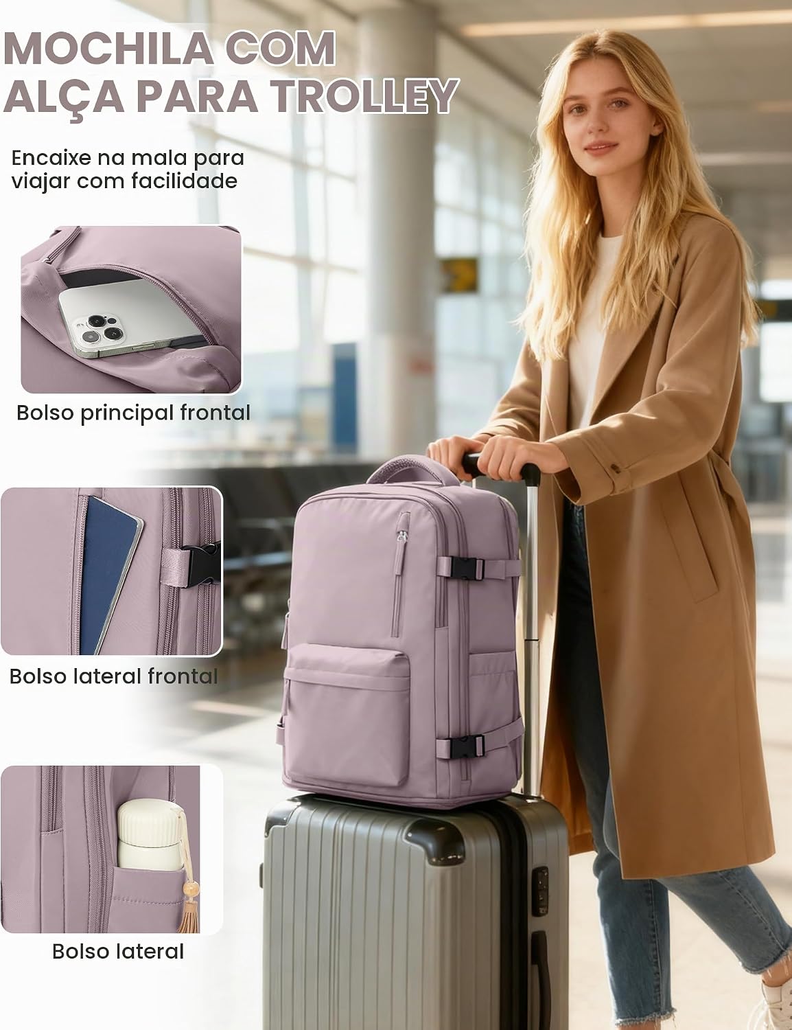 Mochila de viagem feminina grande, impermeável, bagagem de mão, para trilha, esportes, escola, notebook, Large
